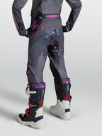 Alpinestars Youth Fluid Lone Pants, gray camo and purple youth motocross pants with ergonomic 3D fit, rear view on model.