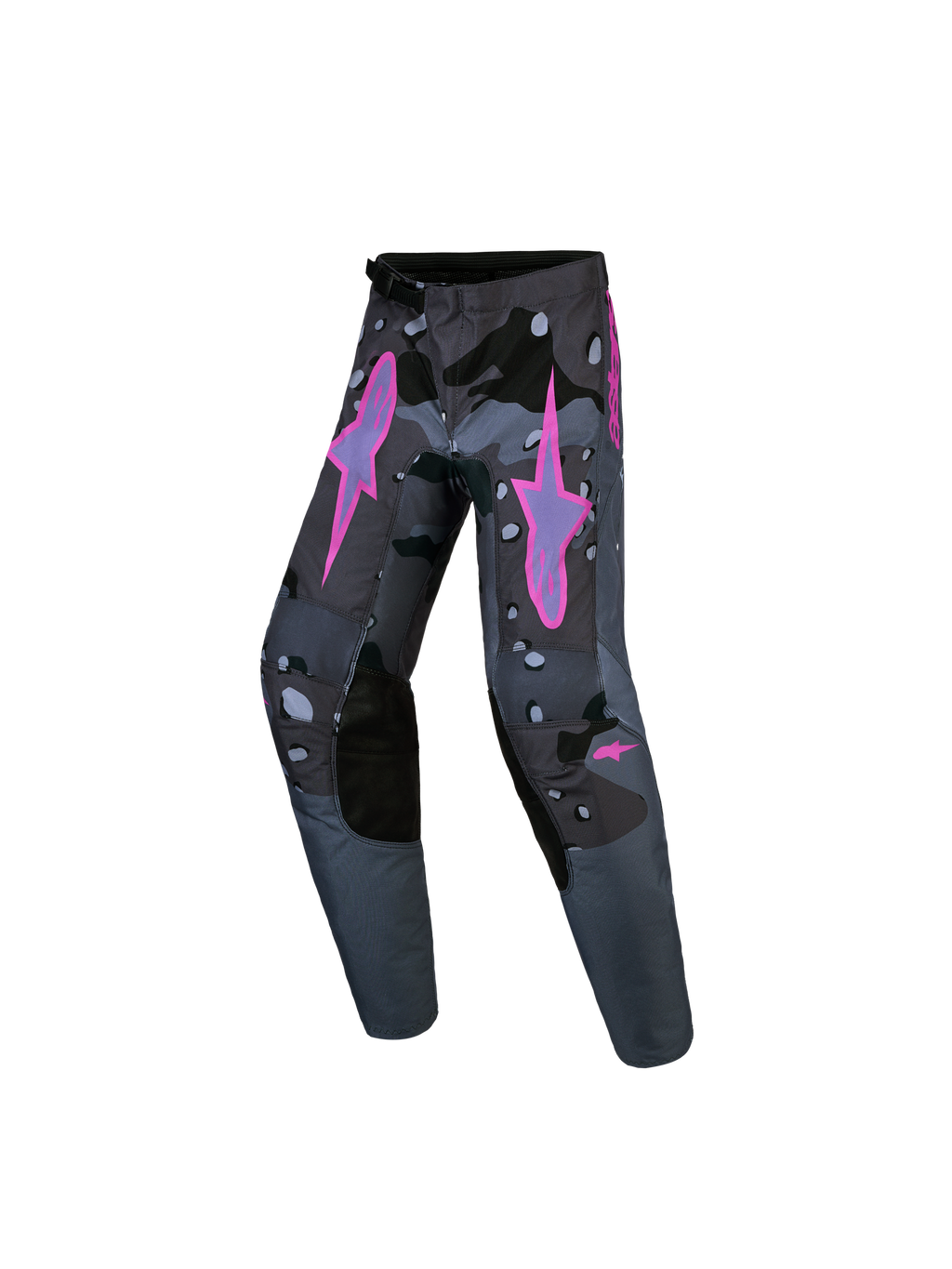 Alpinestars Youth Fluid Lone Pants, gray camo and purple motocross racing pants with durable polyfabric.