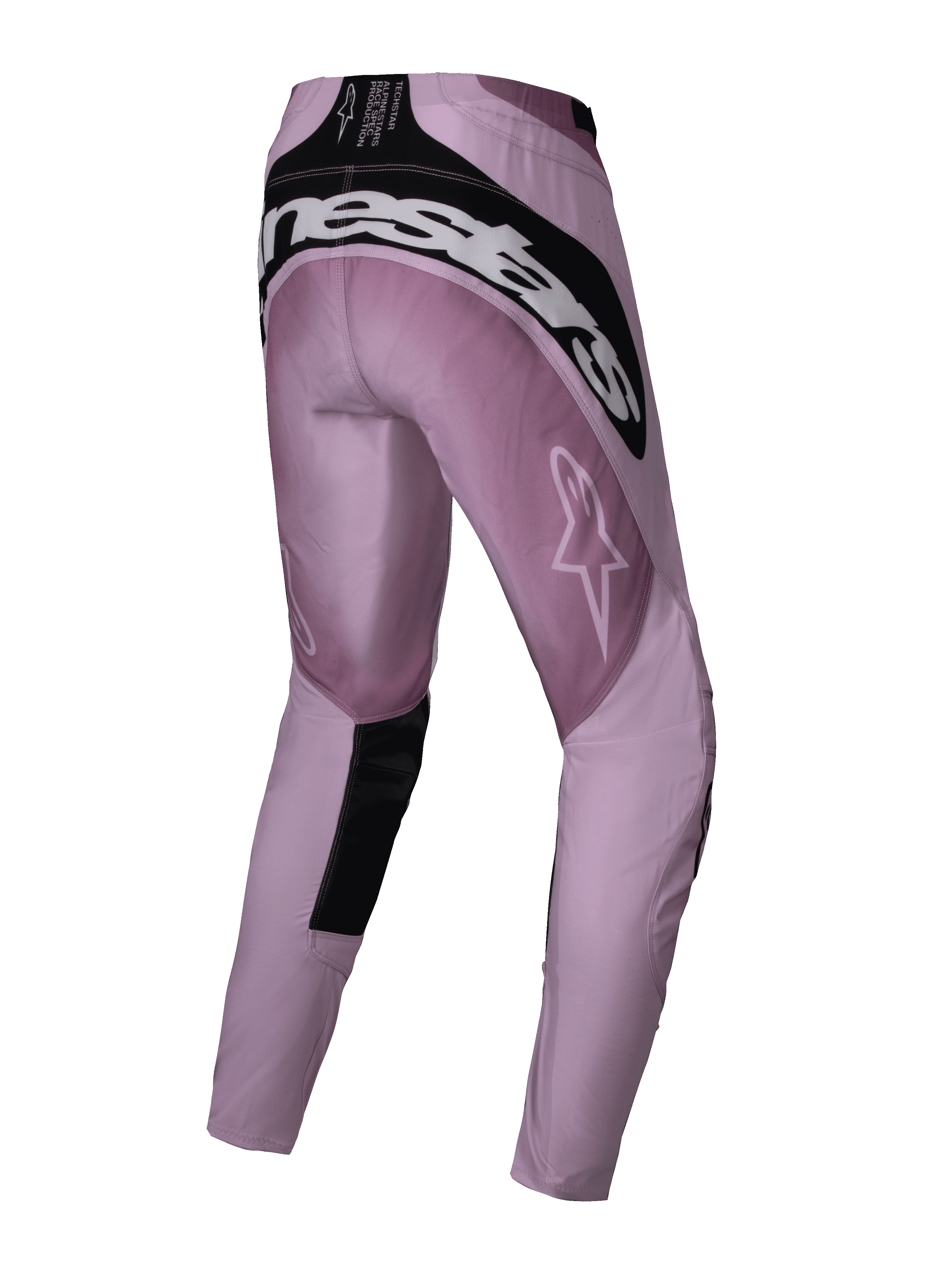 Alpinestars 2025 Stella Techstar Melt Pants, Women's Motocross Pants, Blush Black, rear view showing white Alpinestars logo across the seat, black reinforced panels, and a star logo on the thigh, designed for off-road performance