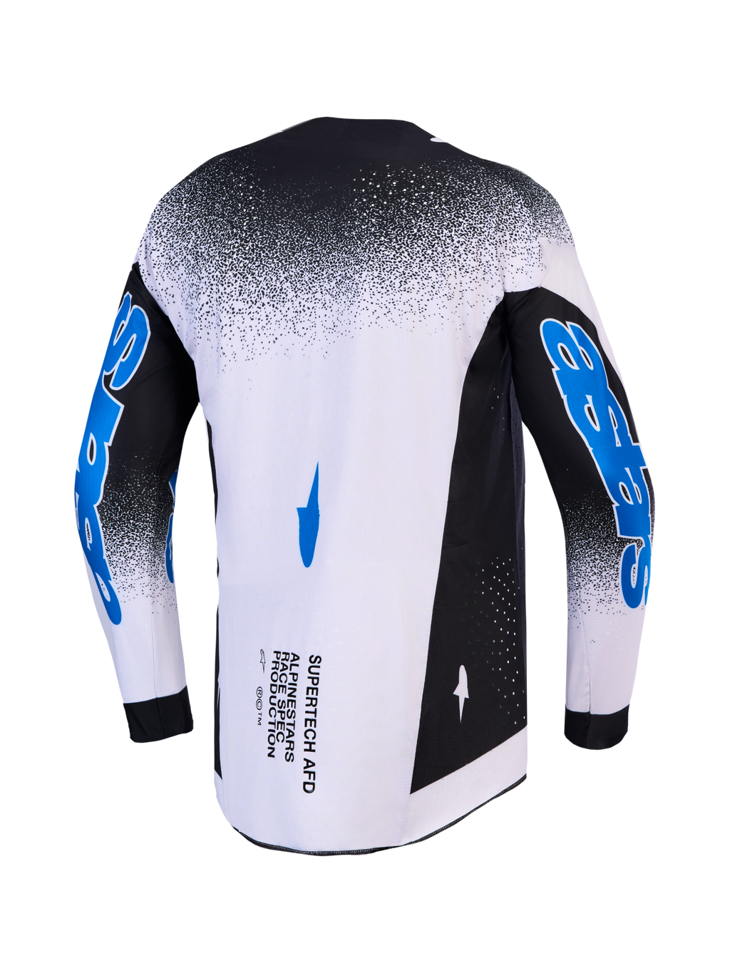 Alpinestars Supertech Hiten AFD Motocross Jersey, Men's racing fit, black and white with blue sleeve graphics, rear view.