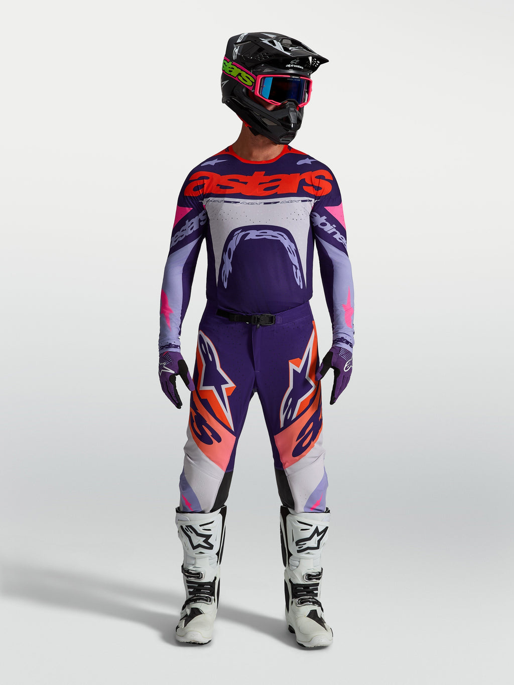 Alpinestars Supertech Dyna Jersey, Men's Motocross Racing Top, Light Violet and Deep Purple with Pink Fluo accents.