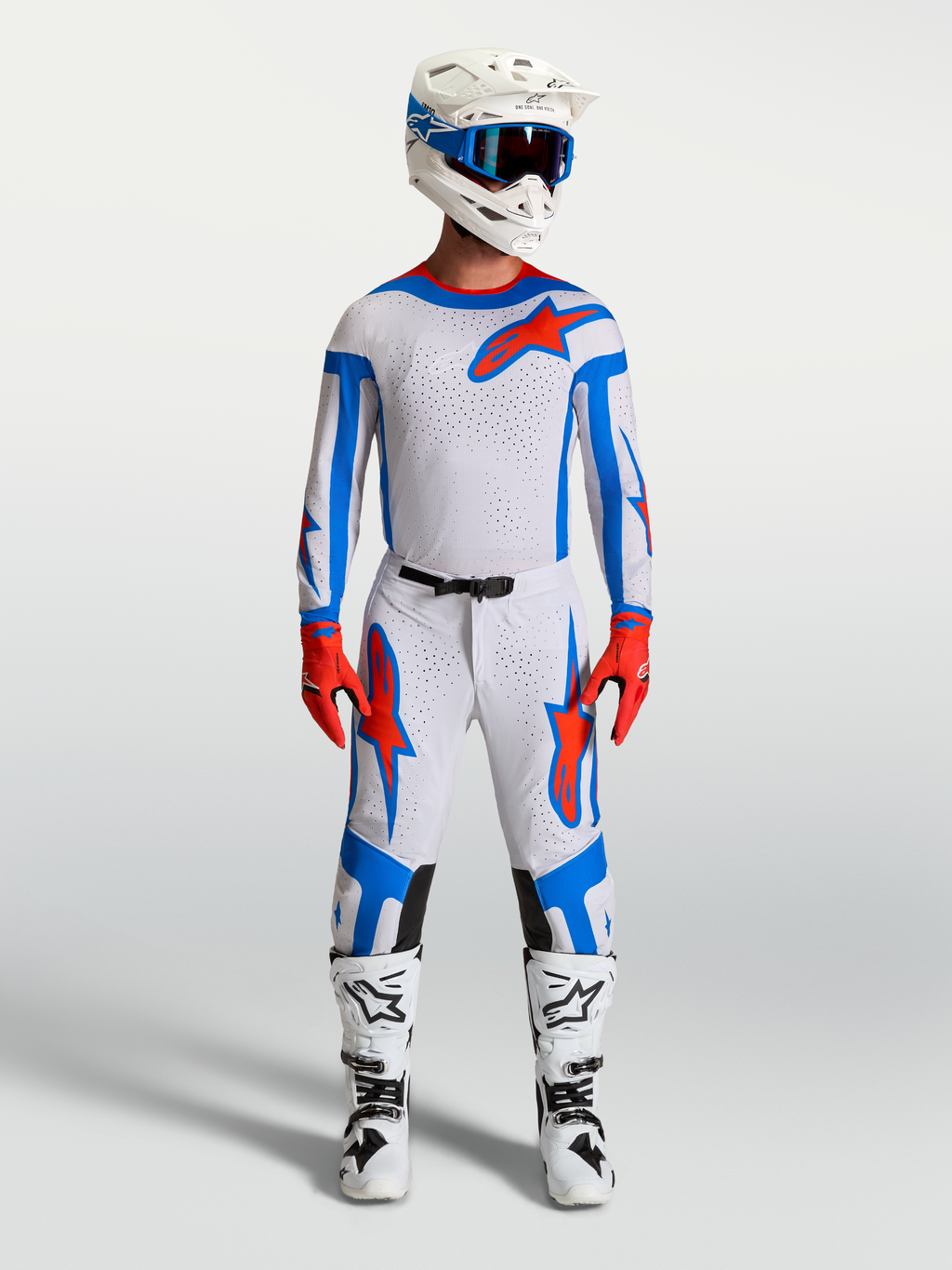 Alpinestars Supertech Vesta Jersey and Gear Set, men's motocross racing outfit in light lilac and cardinal red.