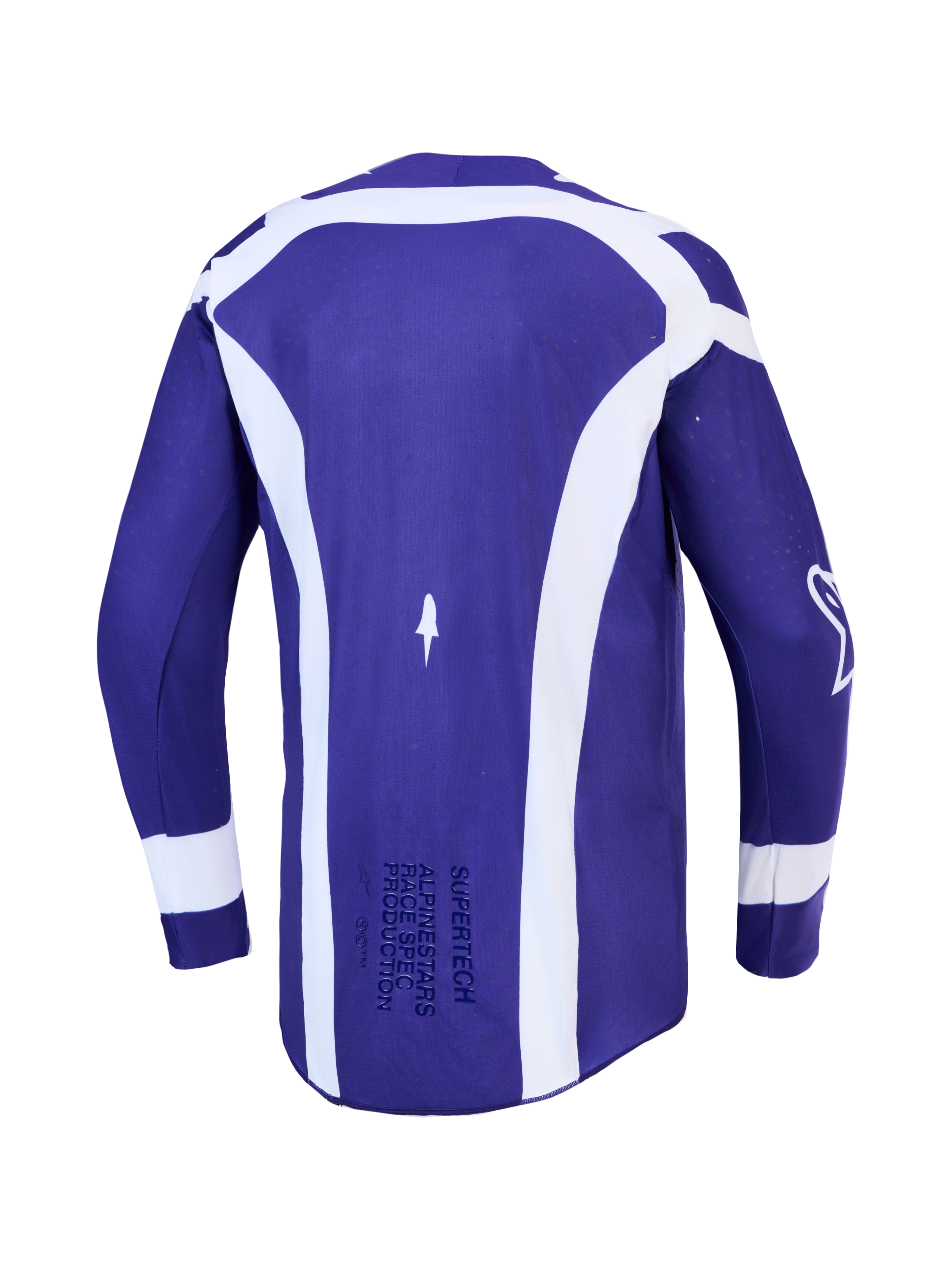 Alpinestars Supertech Vesta Jersey, men's motocross racing top, back view in deep blue and white stretch mesh fabric.