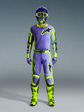 Alpinestars 2026 Racer Portl Jersey, Purple and Yellow Fluo, worn as part of a complete motocross gear set with matching pants, helmet, and bright neon yellow boots, professional off-road racing outfit.