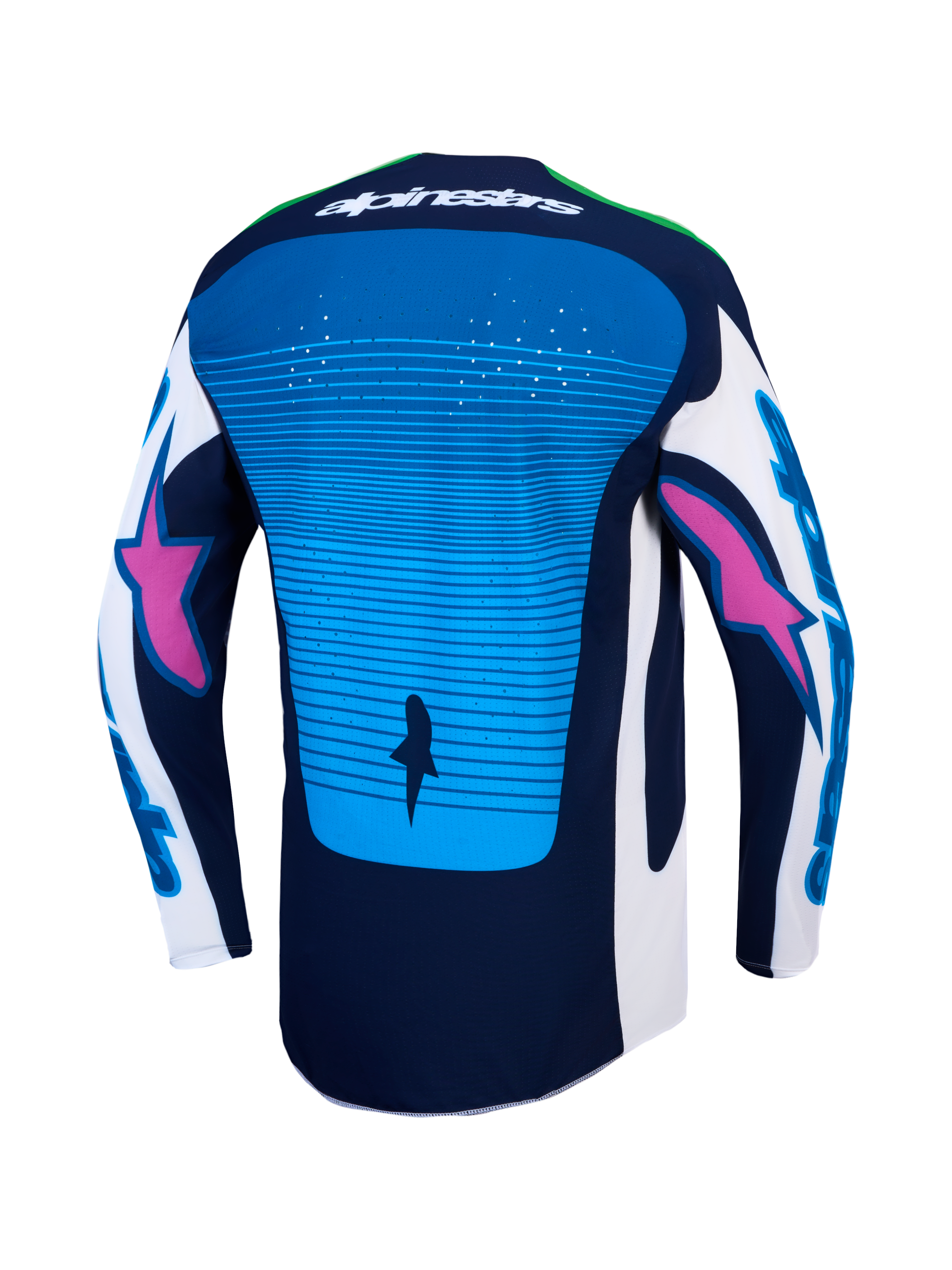Alpinestars Techstar Maven Jersey and Gear Set, back view of blue and navy motocross top with laser-cut ventilation.