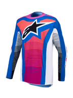 Alpinestars Techstar Maven Motocross Jersey for men features athletic race fit in blue, hot coral, and white with logo.
