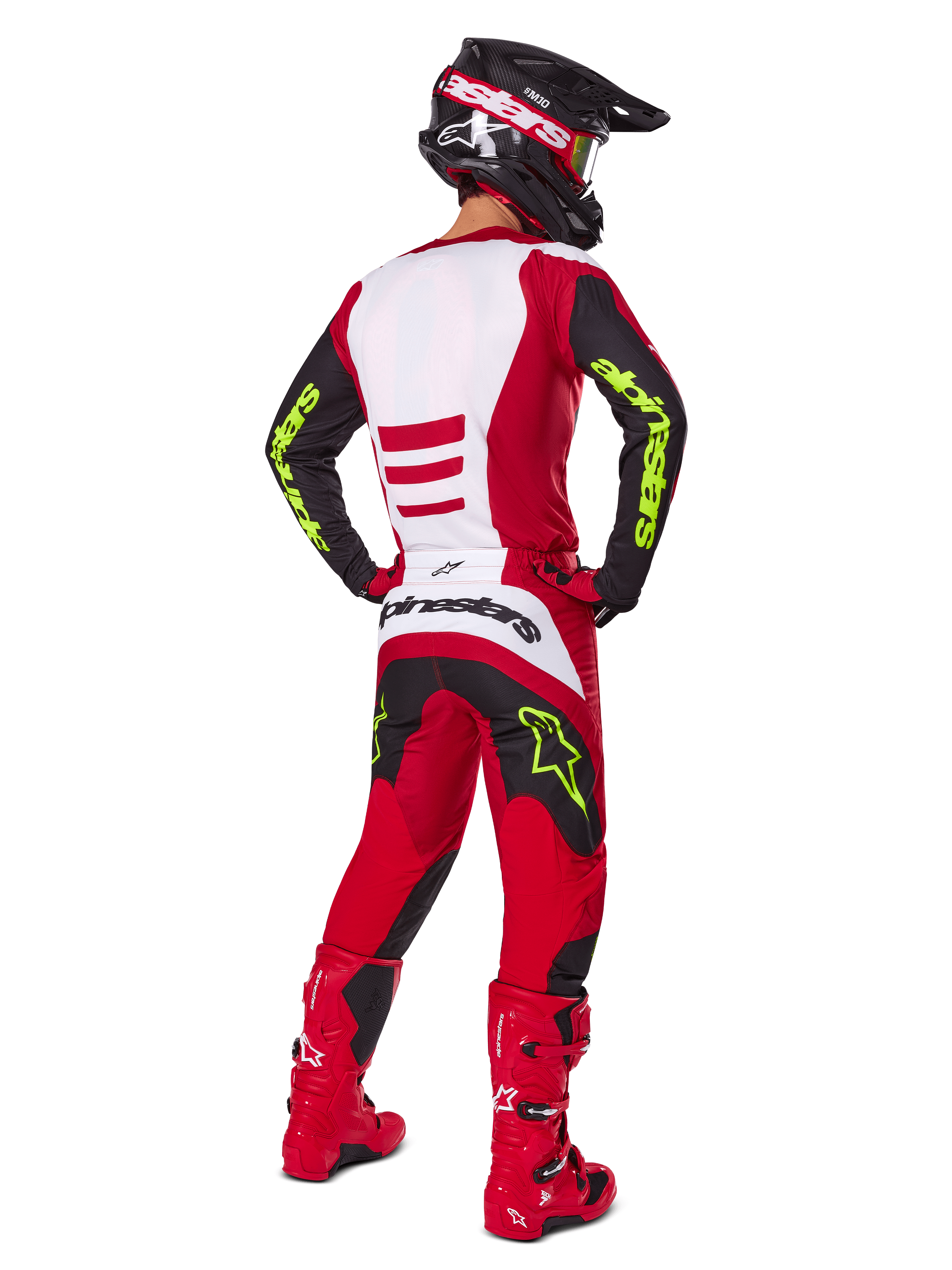 Alpinestars 2025 Fluid Haul Jersey and Gear Set, Red and Black motocross outfit with neon yellow accents.