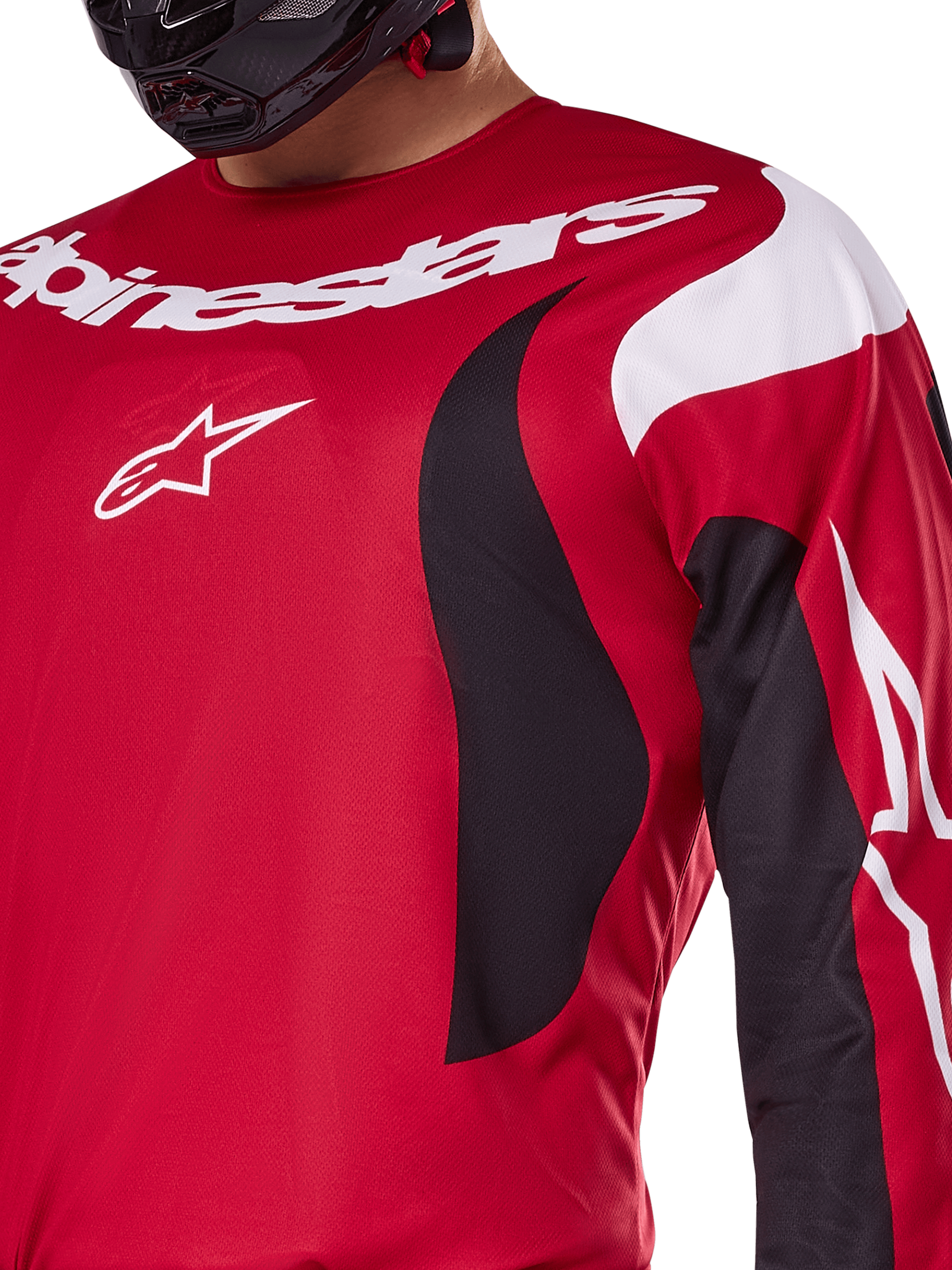Alpinestars 2025 Fluid Haul Jersey and Gear Set, red and black motocross top with white logos and athletic design.