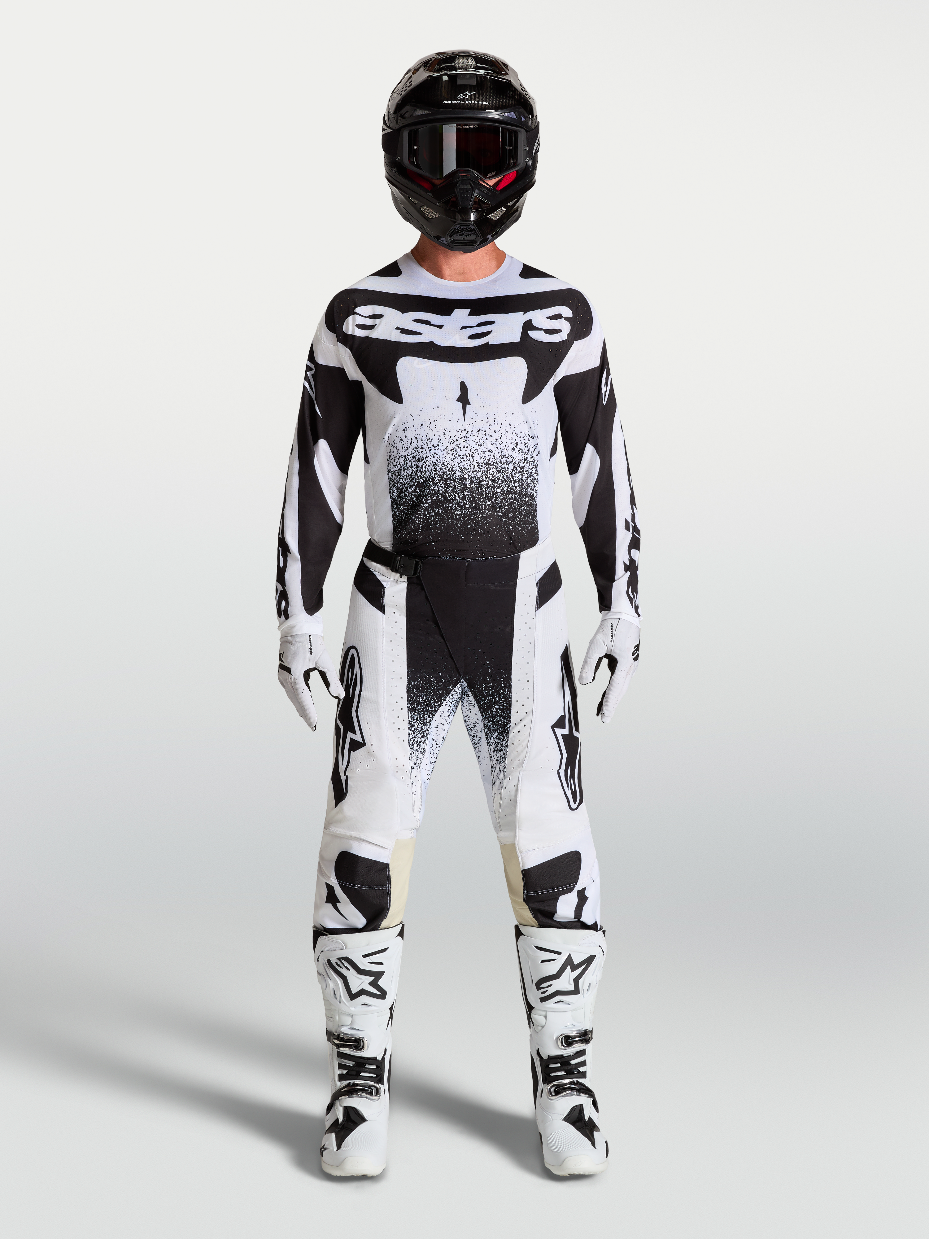Alpinestars Techstar Swan Jersey AND Techstar Swan Gear Set, Men's Motocross outfit, Black and White with stippled graphics.