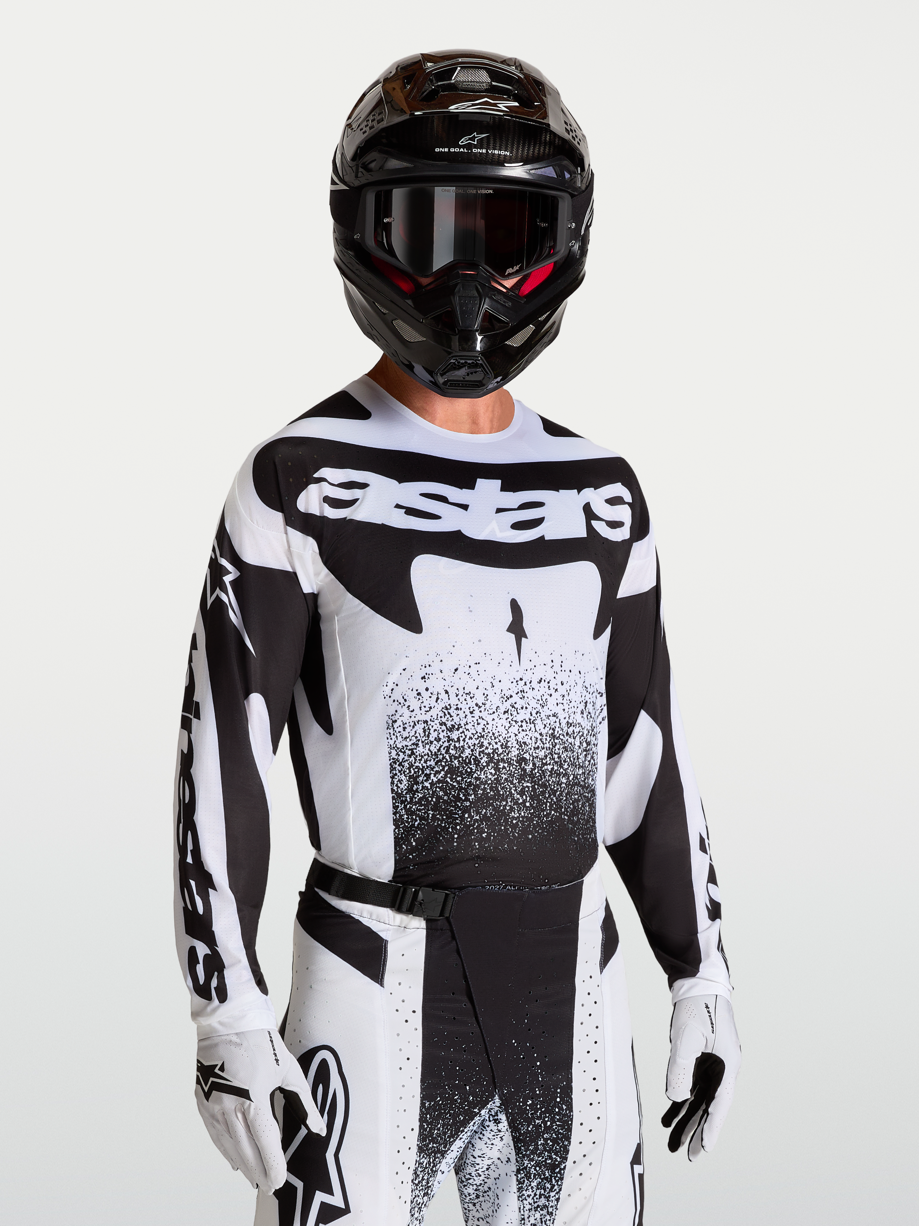 Alpinestars Techstar Swan Jersey, men's black and white motocross jersey with athletic fit and laser-cut ventilation.