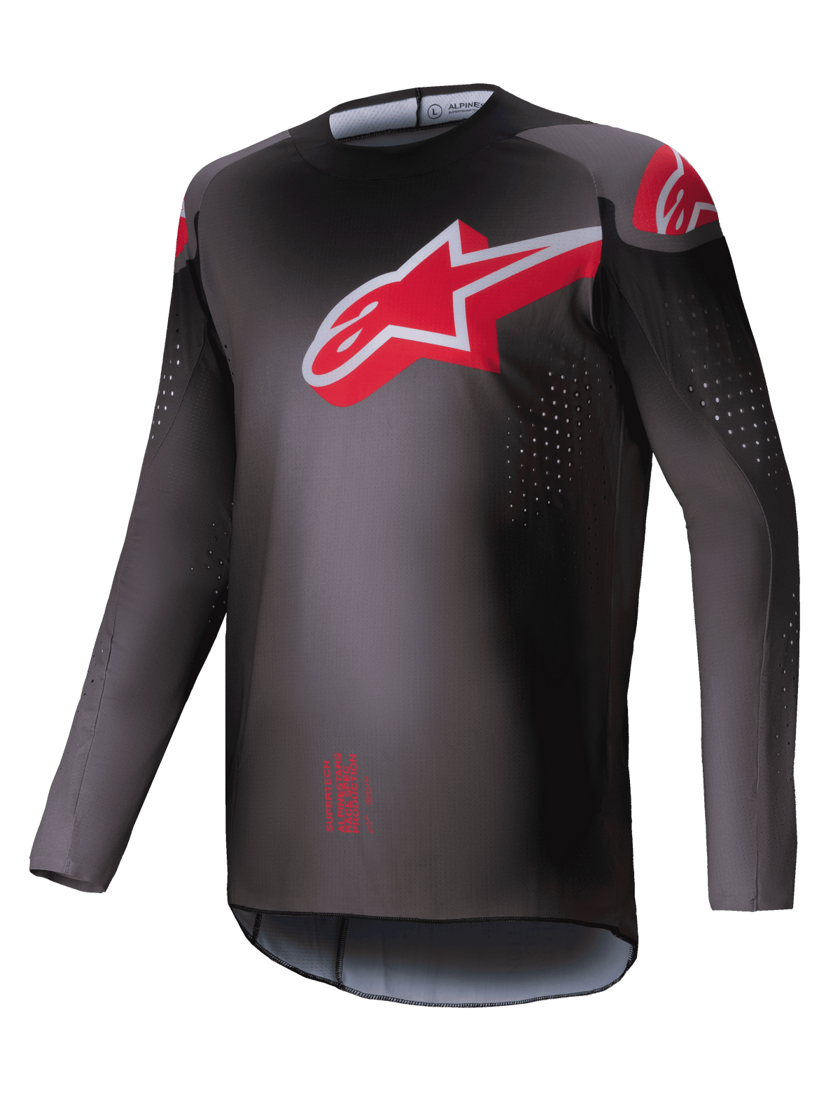 Alpinestars 2025 Supertech Lipan Jersey, Motocross Off-Road Jersey, Men's, Smoke and Bright Red, lightweight athletic race fit with laser-cut perforations
