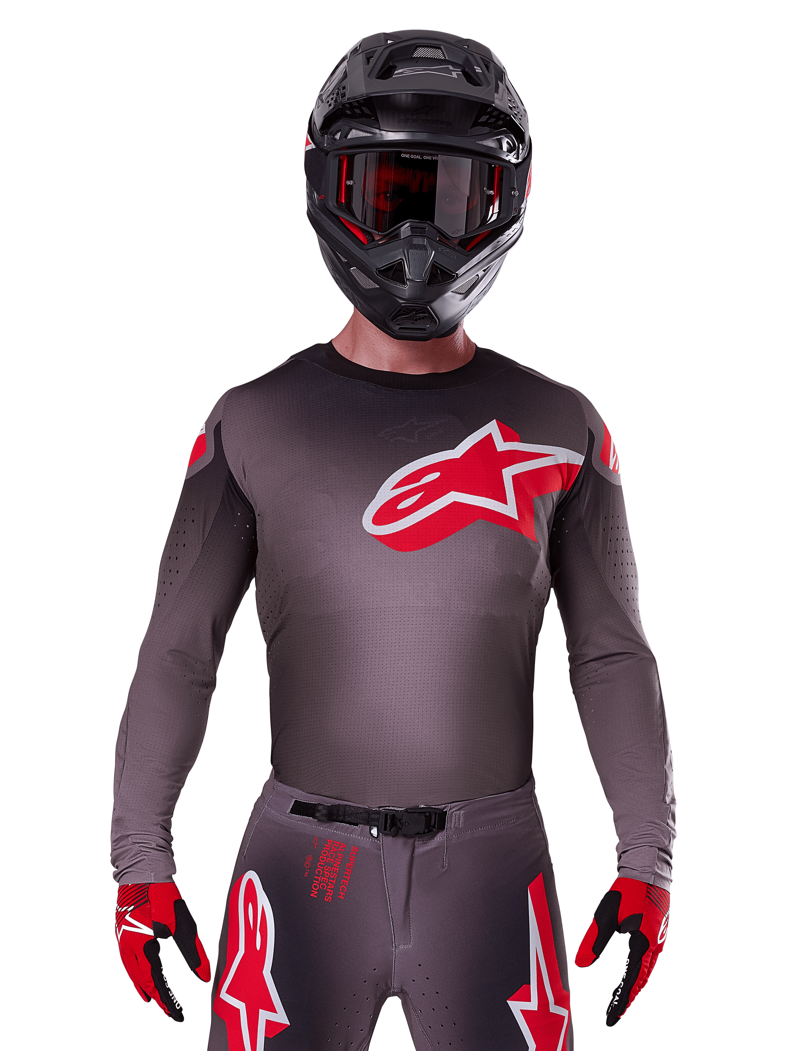 Alpinestars 2025 Supertech Lipan Jersey, Motocross Jersey, Smoke and Red, featuring a large red and white chest logo, worn with a black helmet and red and black gloves, athletic race fit with laser-cut perforations