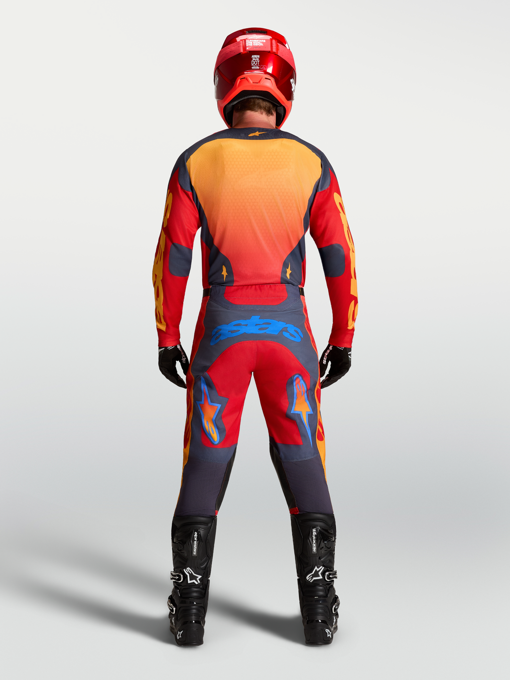 Alpinestars Racer Hunt Jersey, Men's Motocross Gear, Red and Graystone, moisture-wicking textile, rear view on rider.