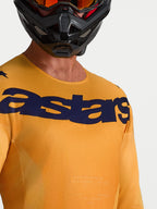 Alpinestars Racer Amber Jersey, orange and deep blue motocross jersey featuring moisture-wicking fabric and chest logo.