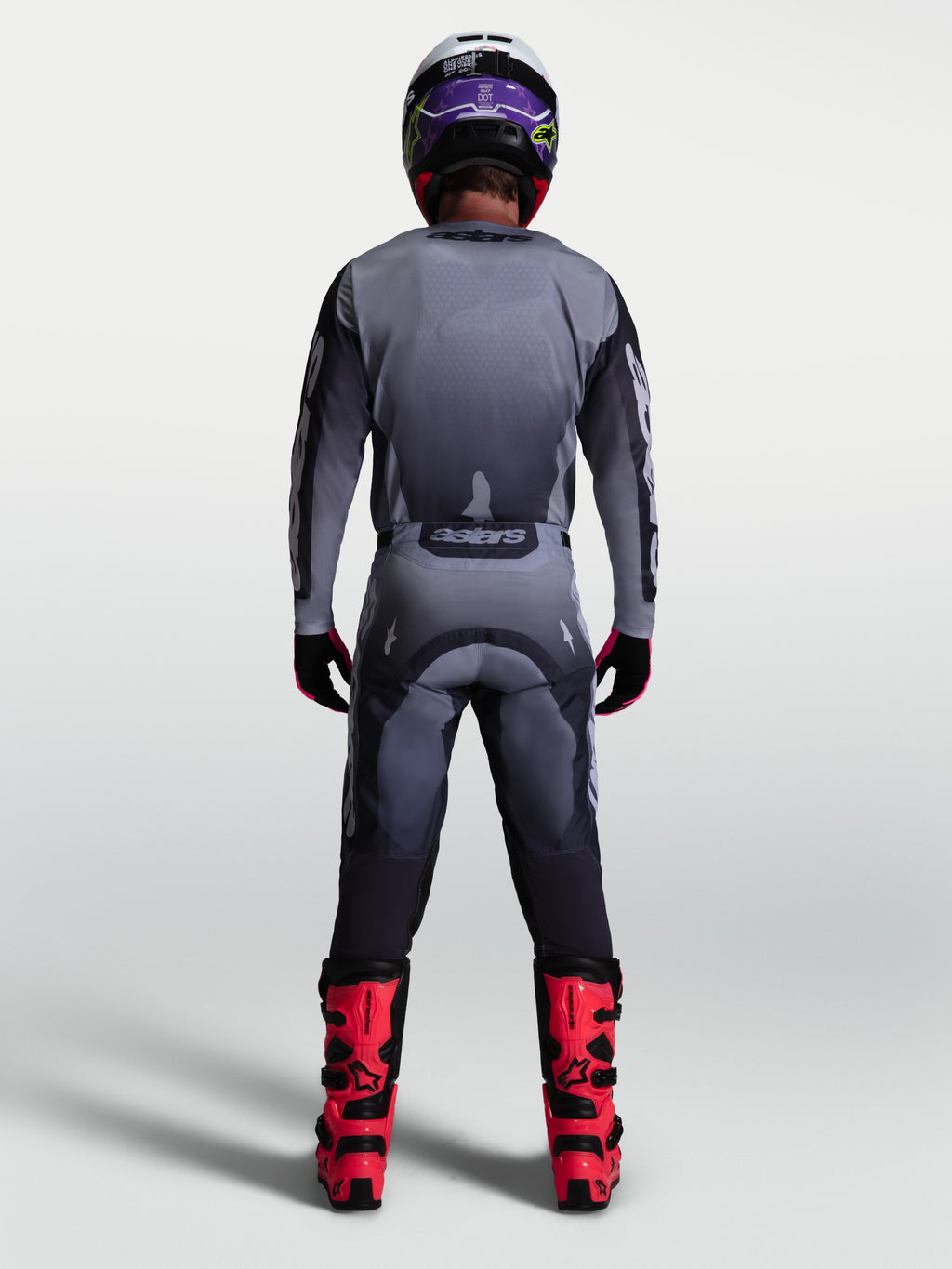 Alpinestars 2027 Racer Amber Gear Set, back view of Men's Gray and Lilac Motocross Jersey and Pants on-model.