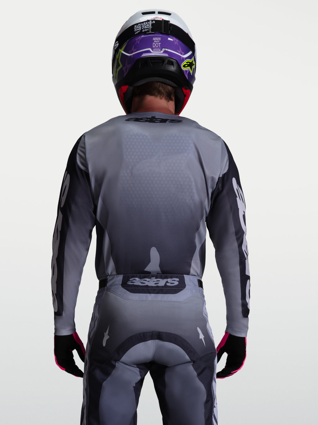 Alpinestars Racer Amber Jersey, gray and light lilac performance motocross jersey for off-road riding, rear view.