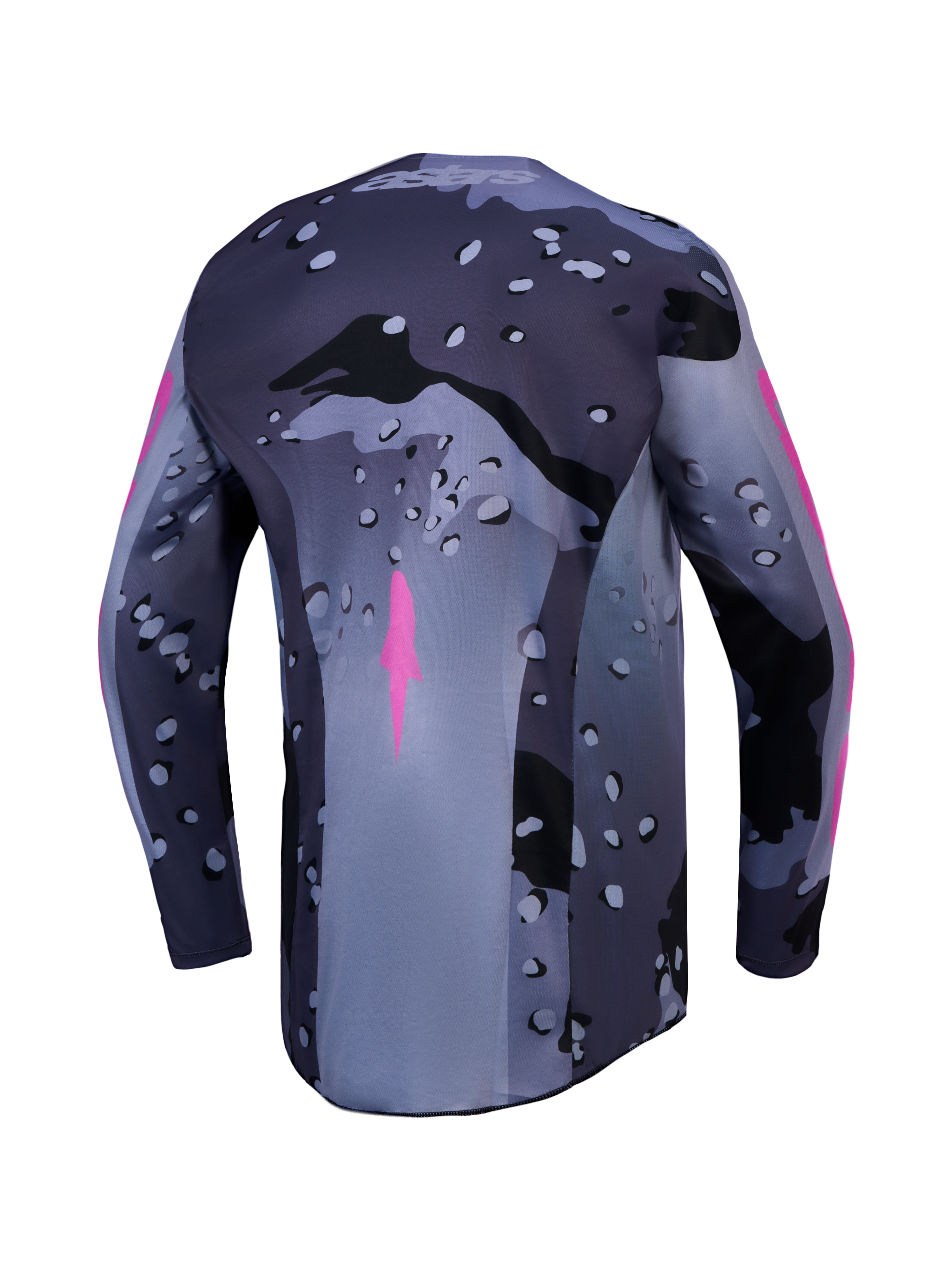 Alpinestars Racer Lone Jersey, Men's Gray Camo and Purple MX Jersey, back view with moisture-wicking polyfabric.