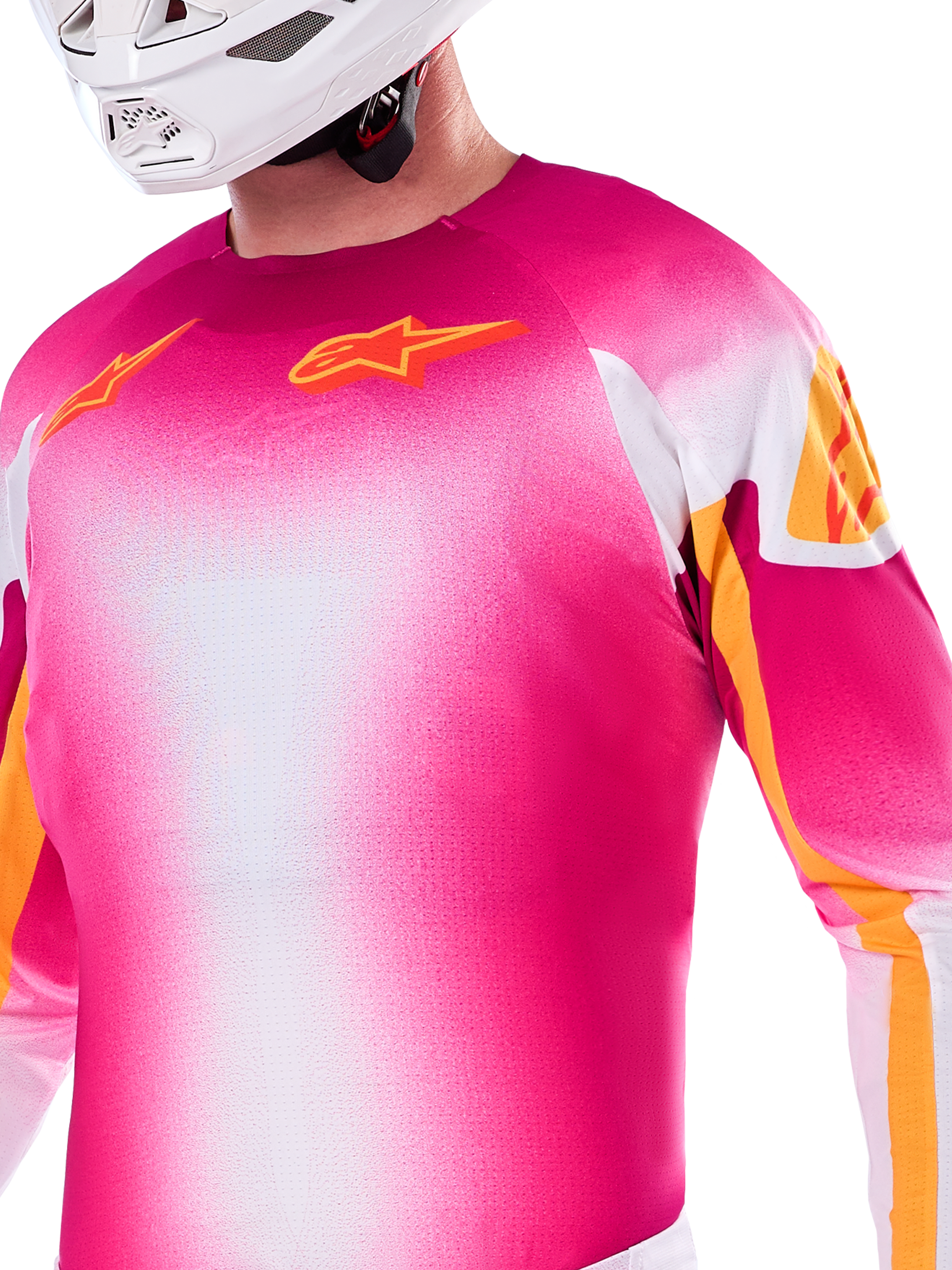 Alpinestars Limited Edition Supertech AFD MIG Jersey, Motocross Jersey, Pink Fluo White, featuring AFD shoulder technology, laser-cut perforations, and lightweight stretch mesh for professional racing performance.