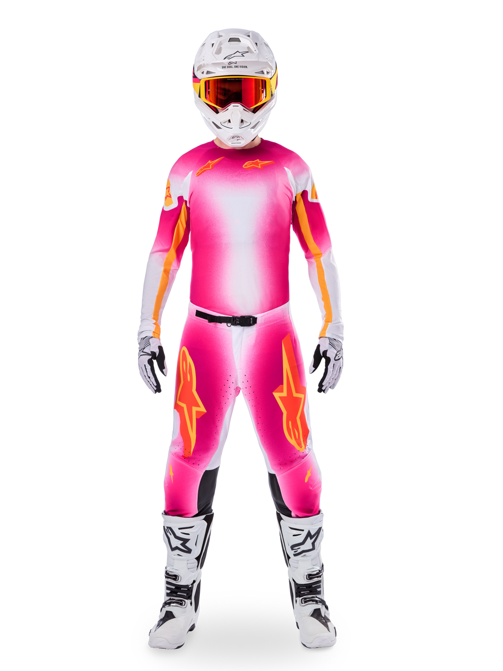 Motocross rider wearing complete racing gear, Limited Edition Supertech AFD MIG Jersey in Pink Fluo and White, matching pants with orange star accents, white helmet with red goggles, white and black boots, coordinated professional motocross outfit