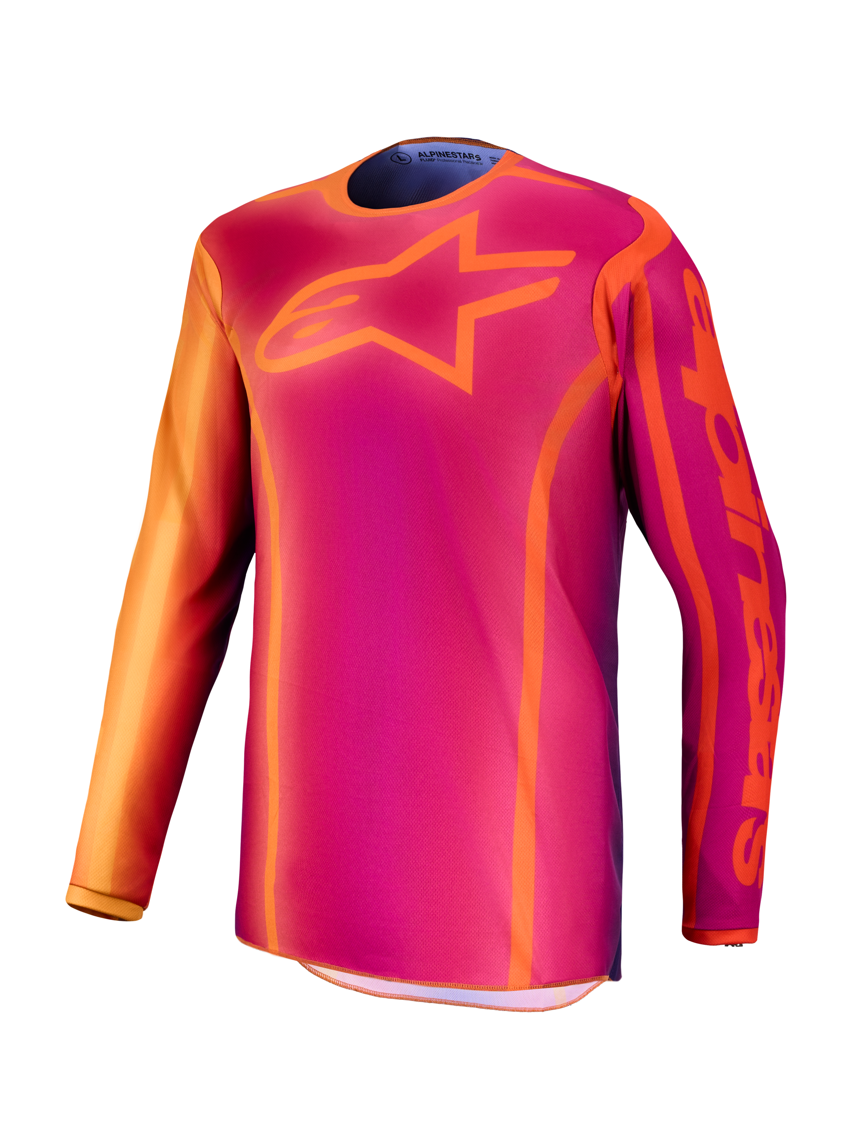 Alpinestars Fluid Kepler Jersey, purple and orange men's motocross top, moisture-wicking polyfabric construction.