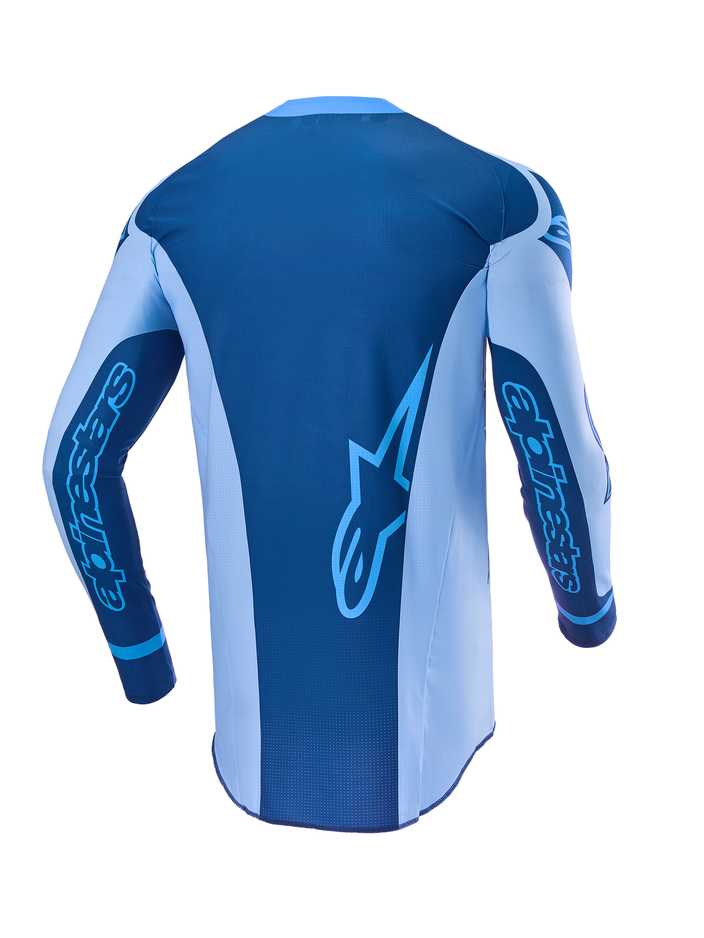 Alpinestars Limited Edition Techstar Steeler Jersey, Motocross Gear, Rear View in Sapphire Blue and Light Blue.