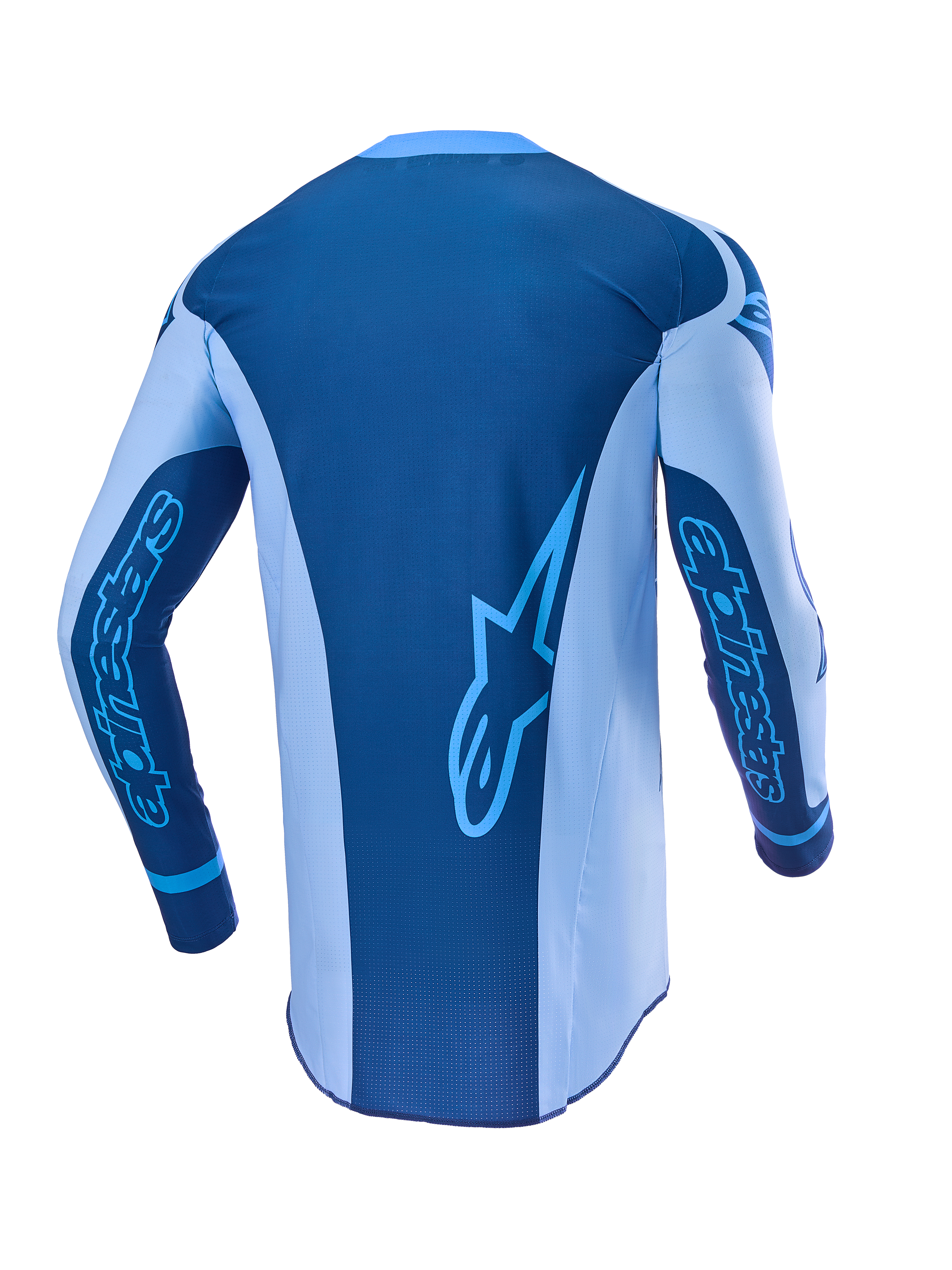 Alpinestars Limited Edition Techstar Steeler Jersey, Motocross Gear, Rear View in Sapphire Blue and Light Blue.