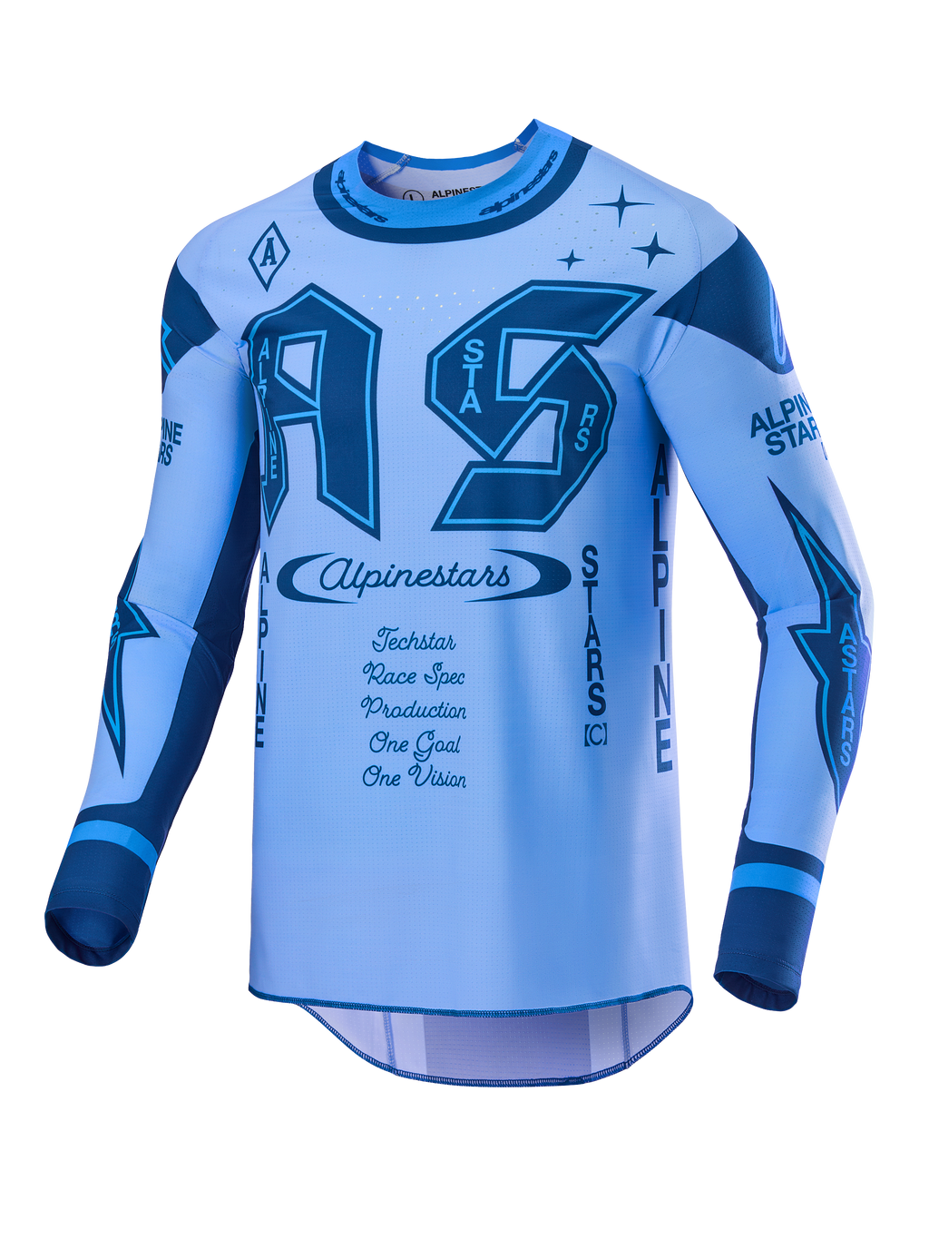 Alpinestars Limited Edition Techstar Steeler Jersey, Men's Motocross Jersey, Sapphire and Dark Blue, vented stretch fabric.
