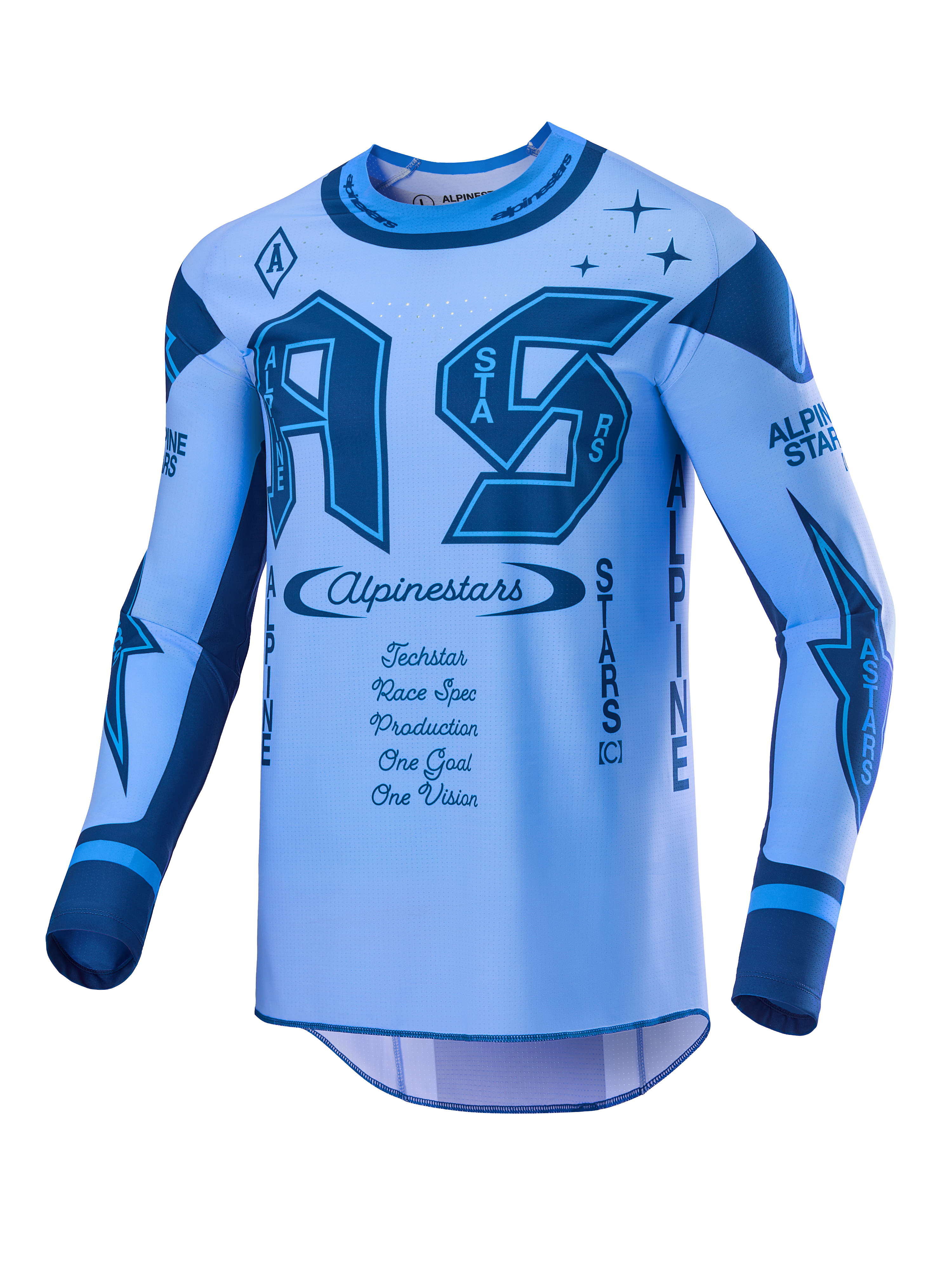 Alpinestars Limited Edition Techstar Steeler Jersey, Men's Motocross Jersey, Sapphire and Dark Blue, vented stretch fabric.