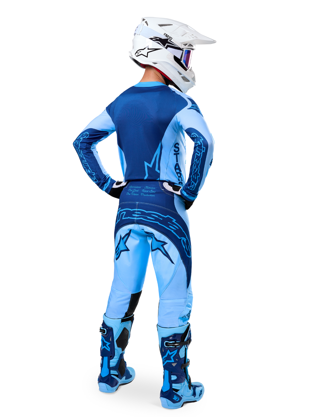 Alpinestars Limited Edition Techstar Steeler Jersey, light and sapphire blue motocross gear, rear view of the full racing set.