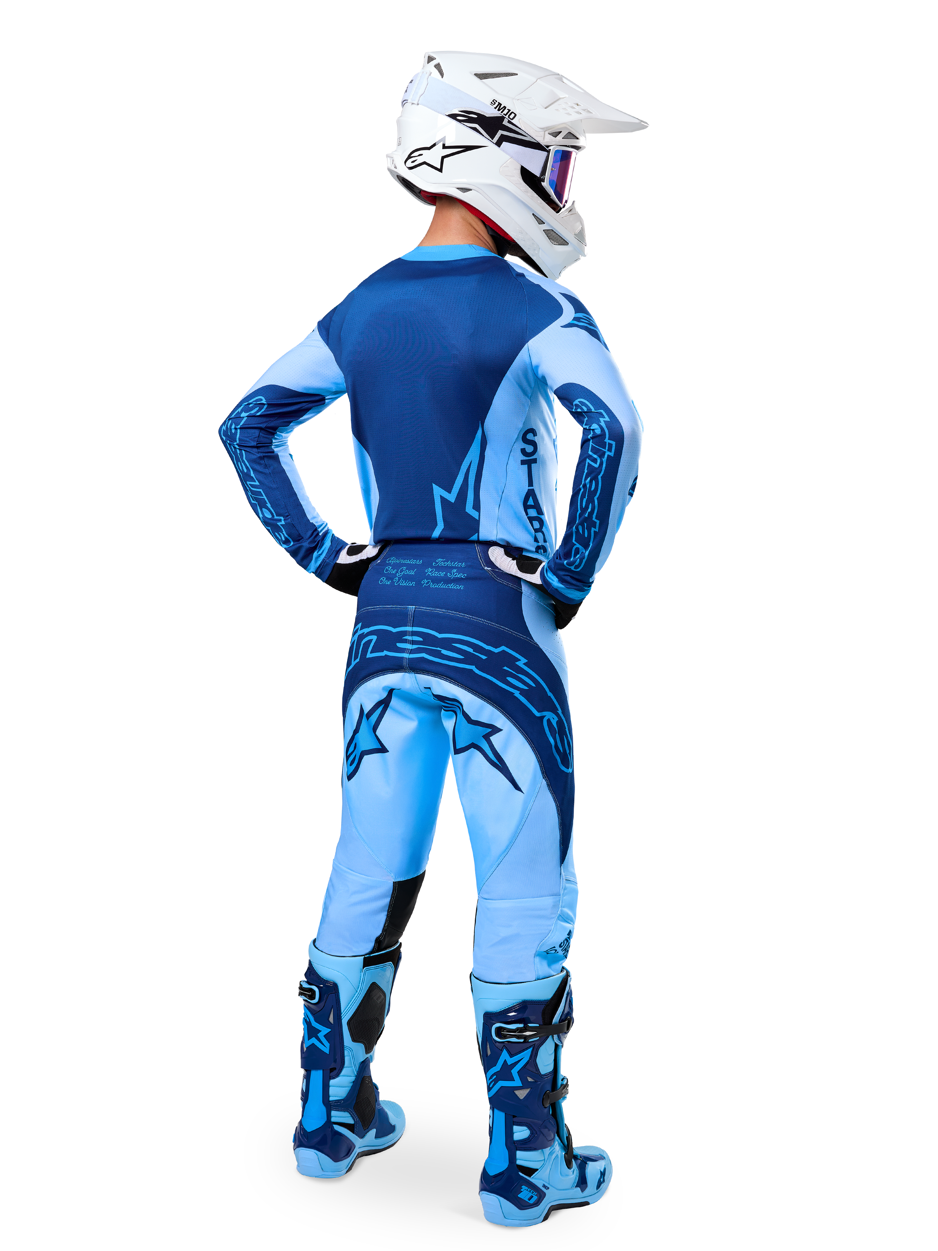 Alpinestars Limited Edition Techstar Steeler Jersey, light and sapphire blue motocross gear, rear view of the full racing set.