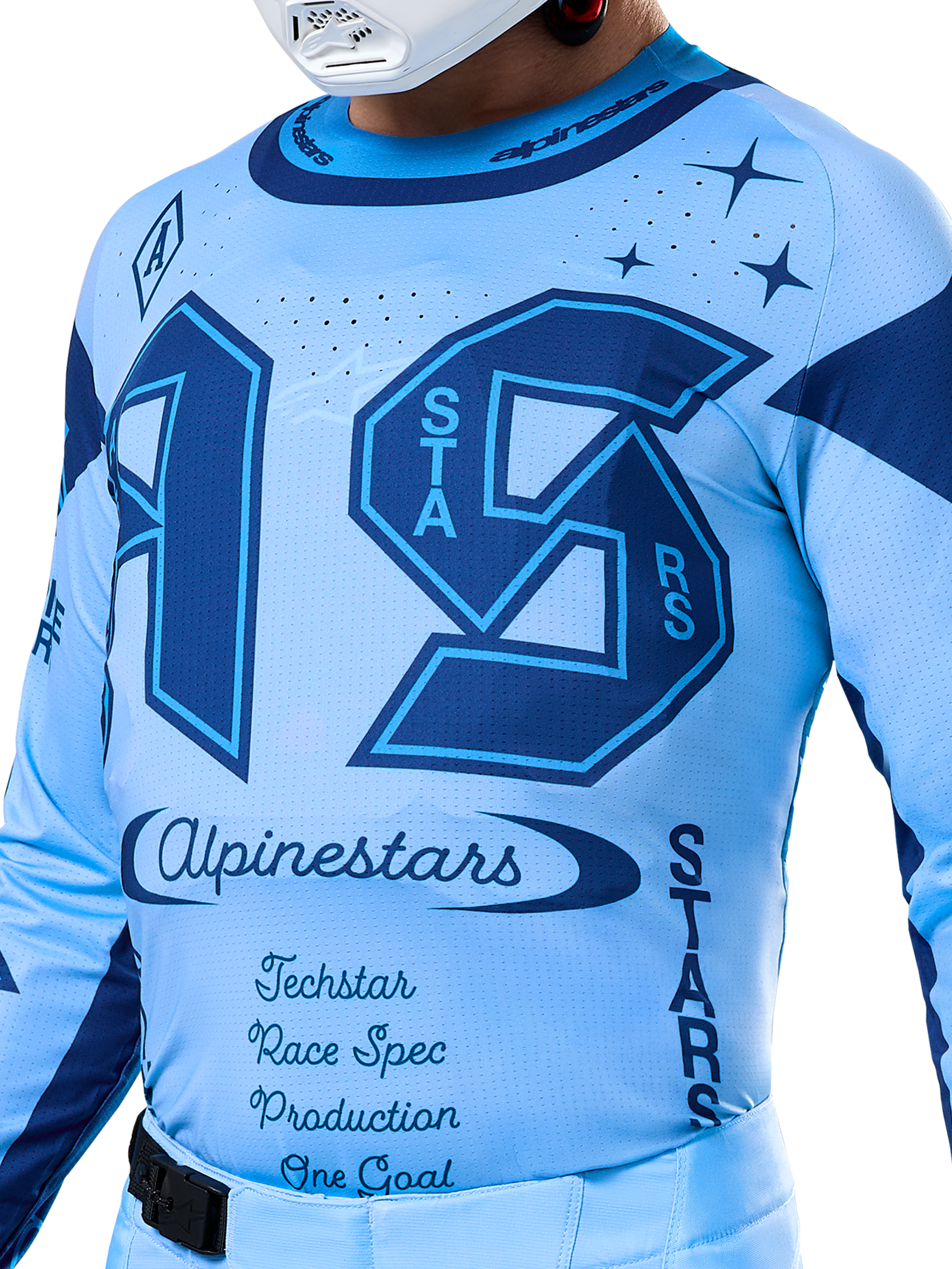 Alpinestars Limited Edition Techstar Steeler Jersey, sapphire blue motocross top with laser-cut vents and race-spec graphics.