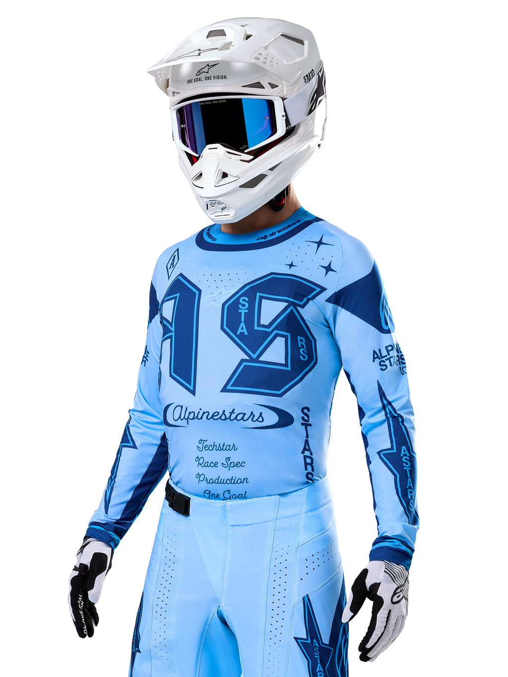Alpinestars Limited Edition Techstar Steeler Jersey, light and sapphire blue motocross jersey with NFL-inspired graphics.