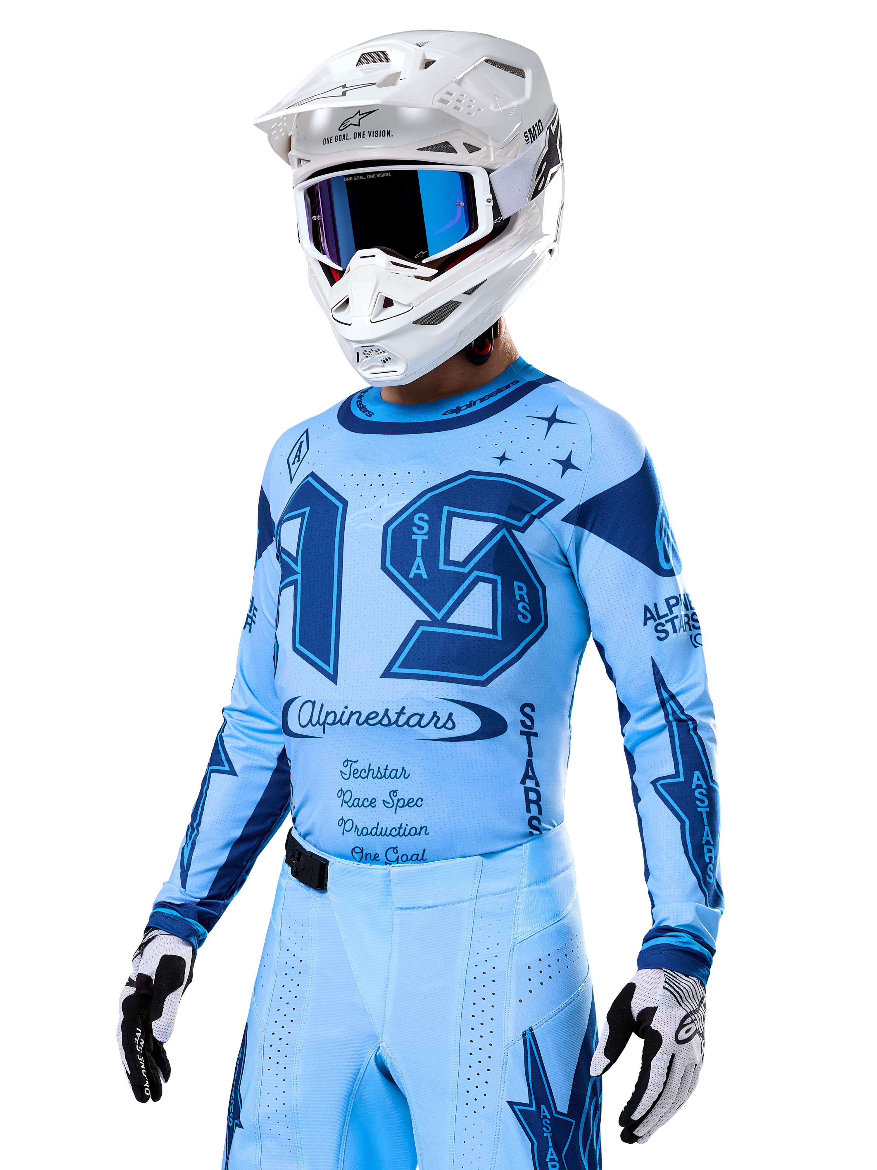 Alpinestars Limited Edition Techstar Steeler Jersey, light and sapphire blue motocross jersey with NFL-inspired graphics.