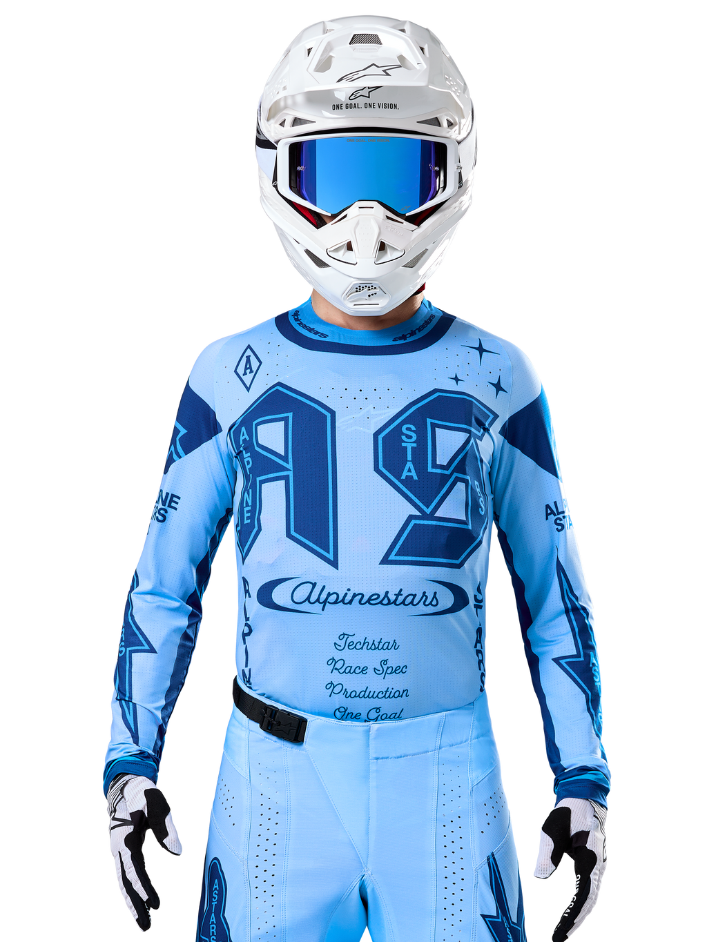 Alpinestars Techstar Steeler Jersey, sapphire and light blue, breathable motocross performance wear for off-road racing.