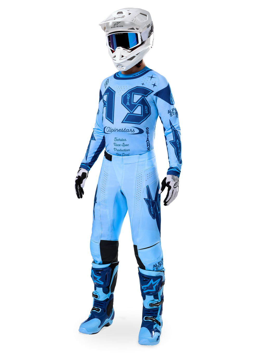 Alpinestars Limited Edition Techstar Steeler Jersey, sapphire blue and white motocross gear set, men's performance racing fit.