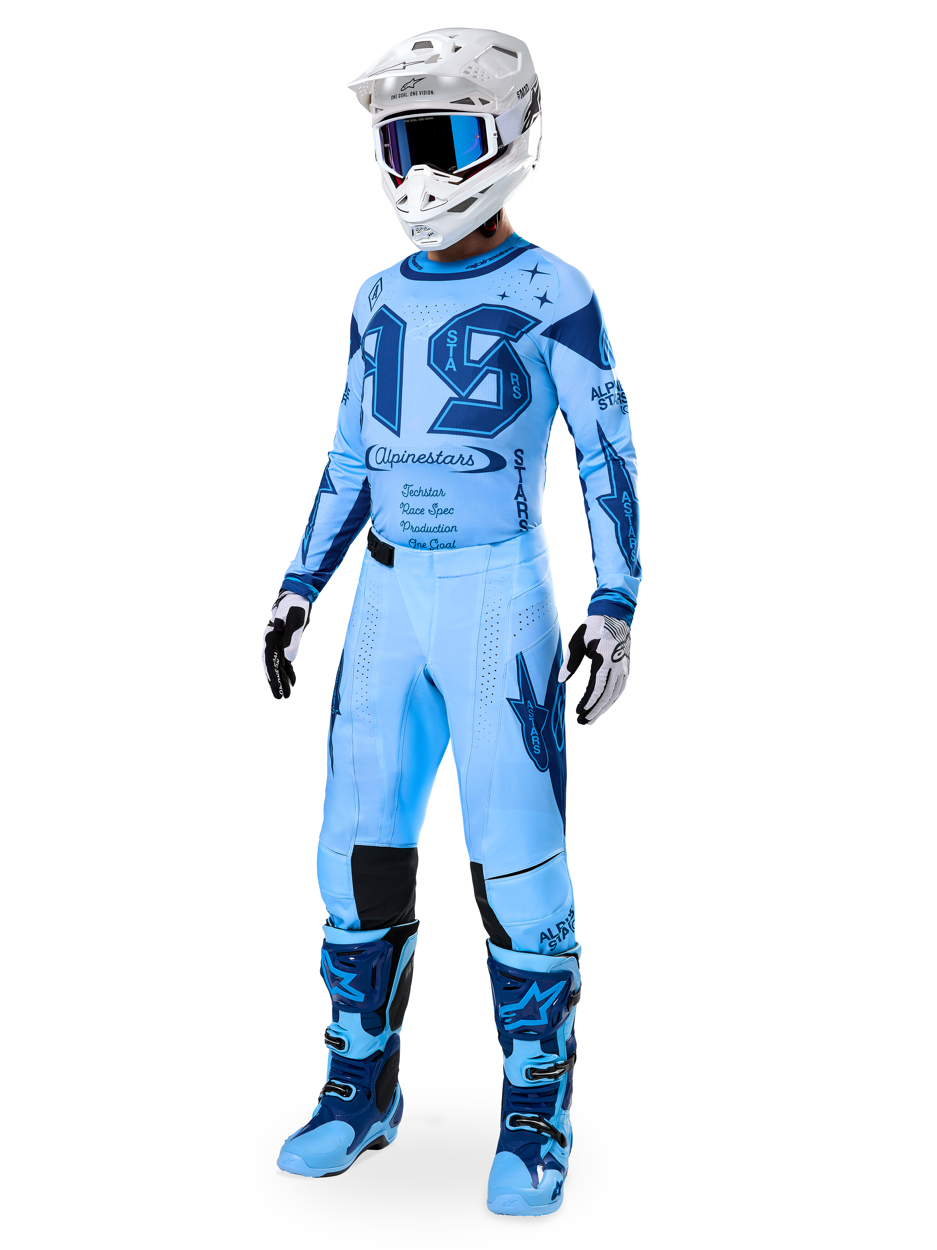 Alpinestars Limited Edition Techstar Steeler Jersey, sapphire blue and white motocross gear set, men's performance racing fit.
