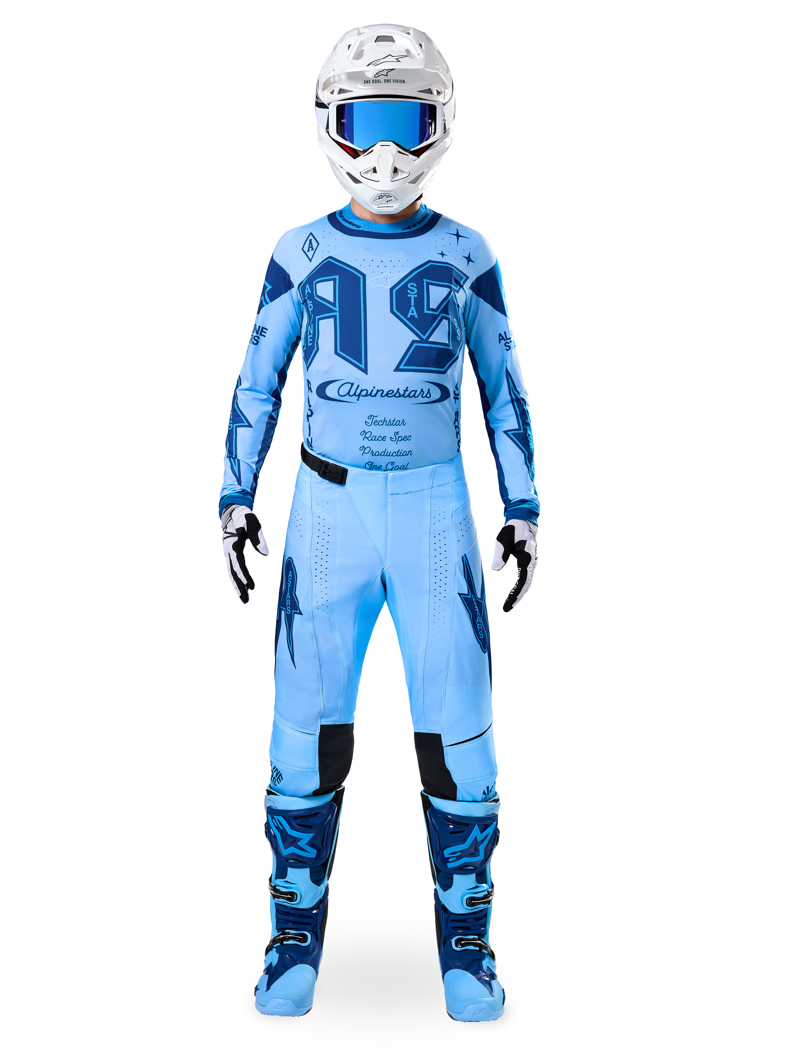 Alpinestars Limited Edition Techstar Steeler Jersey, sapphire blue men's motocross gear set with matching pants and helmet.