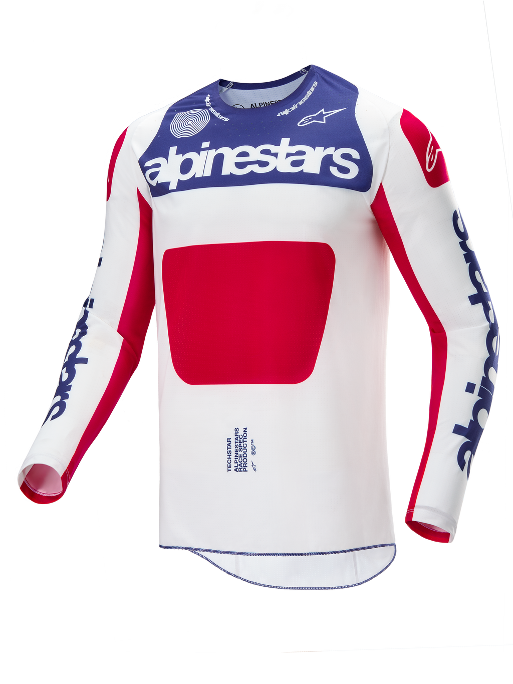 Alpinestars Limited Edition Techstar Fortitude Jersey, Motocross Jersey, Red White and Blue, featuring a white body with a large red center panel, blue chest section with white Alpinestars branding, and blue logos on sleeves, designed for off-road racing performance