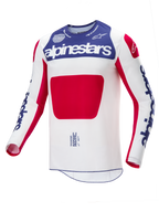 Alpinestars Limited Edition Techstar Fortitude Jersey, Motocross Jersey, Red White and Blue, featuring a white body with a large red center panel, blue chest section with white Alpinestars branding, and blue logos on sleeves, designed for off-road racing performance