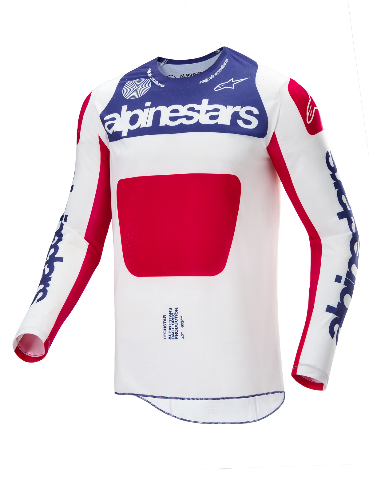 Alpinestars Limited Edition Techstar Fortitude Jersey, Motocross Jersey, Red White and Blue, featuring a white body with a large red center panel, blue chest section with white Alpinestars branding, and blue logos on sleeves, designed for off-road racing performance