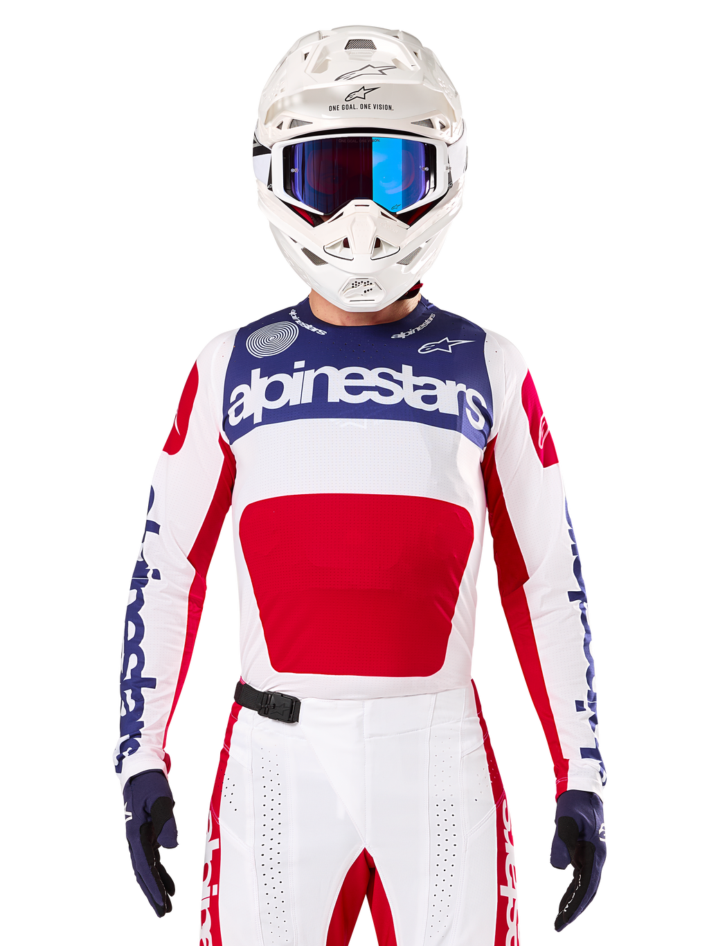 Limited Edition Techstar Fortitude Jersey, Motocross Racing Jersey, White Red and Blue, worn with matching pants and helmet, featuring Alpinestars branding and One Goal One Vision motto, perforated details, sleek design for off-road performance