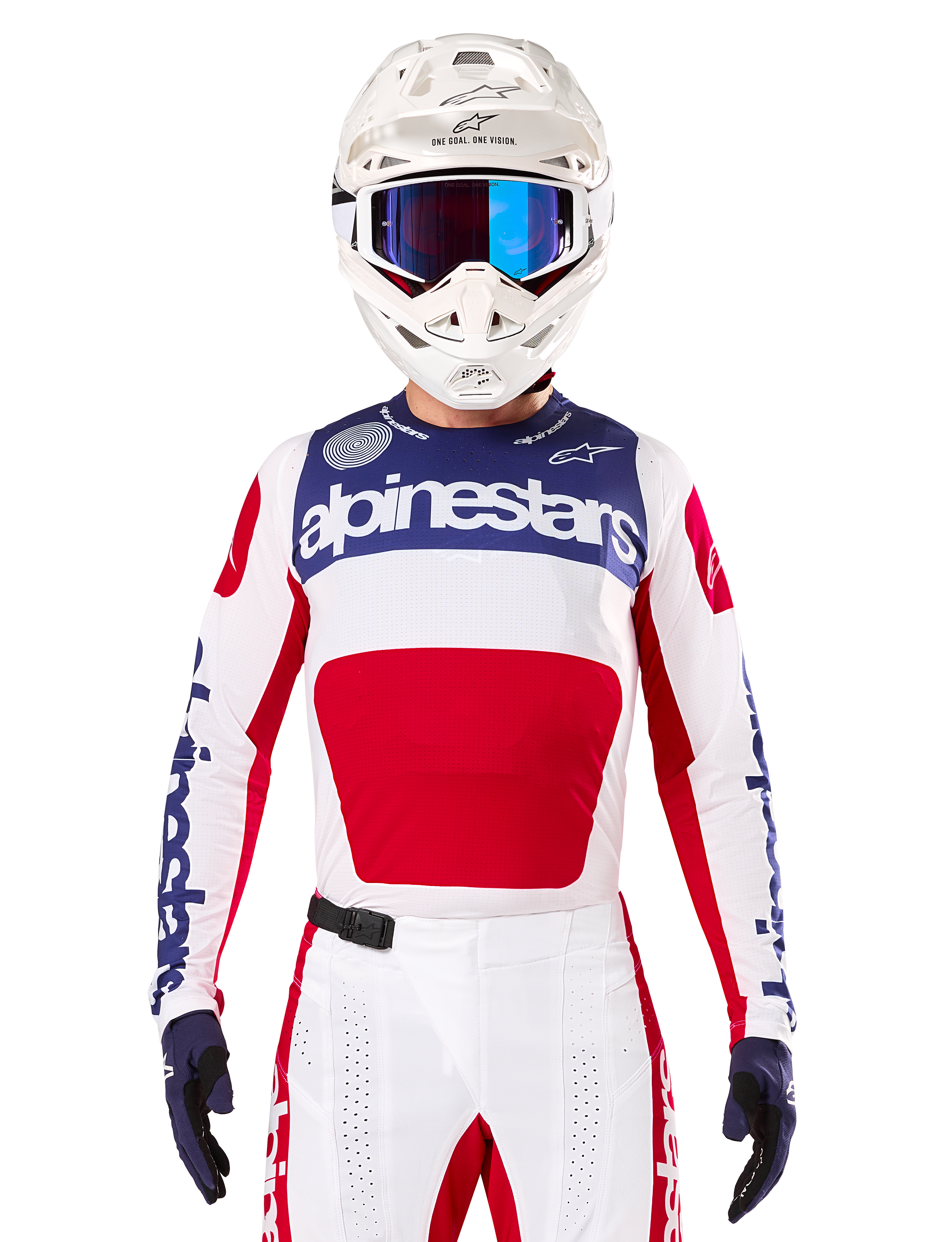 Limited Edition Techstar Fortitude Jersey, Motocross Racing Jersey, White Red and Blue, worn with matching pants and helmet, featuring Alpinestars branding and One Goal One Vision motto, perforated details, sleek design for off-road performance