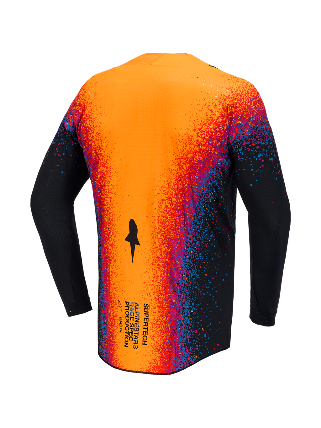 Alpinestars Limited Edition Supertech Black Hole Jersey, back view of black motocross jersey with orange and red splatter graphics.