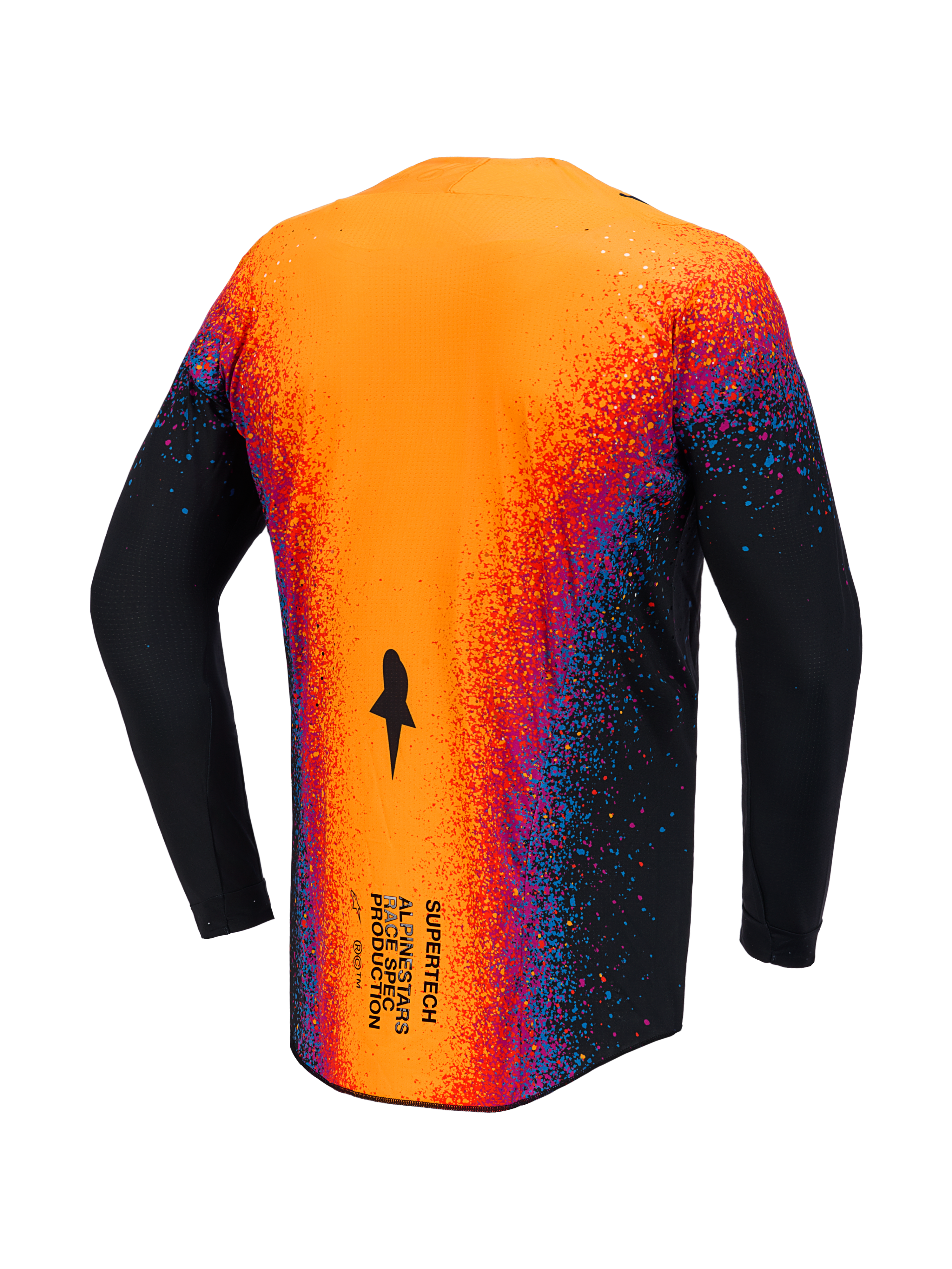 Alpinestars Limited Edition Supertech Black Hole Jersey, back view of black motocross jersey with orange and red splatter graphics.