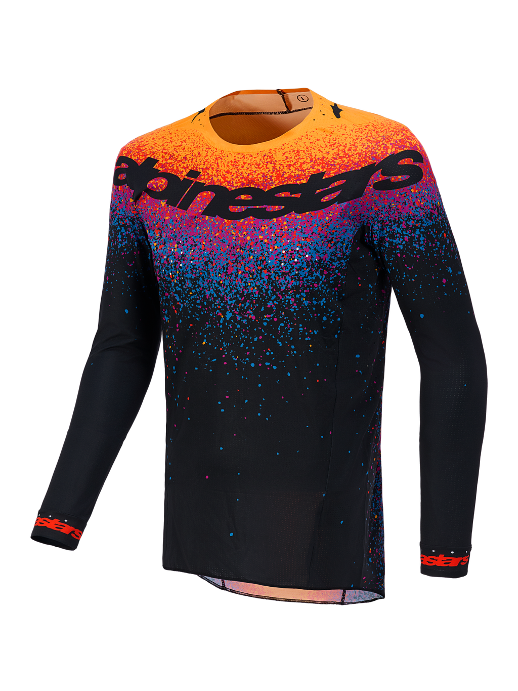Alpinestars Limited Edition Supertech Black Hole Jersey, men's black motocross racing jersey with orange and blue graphics.
