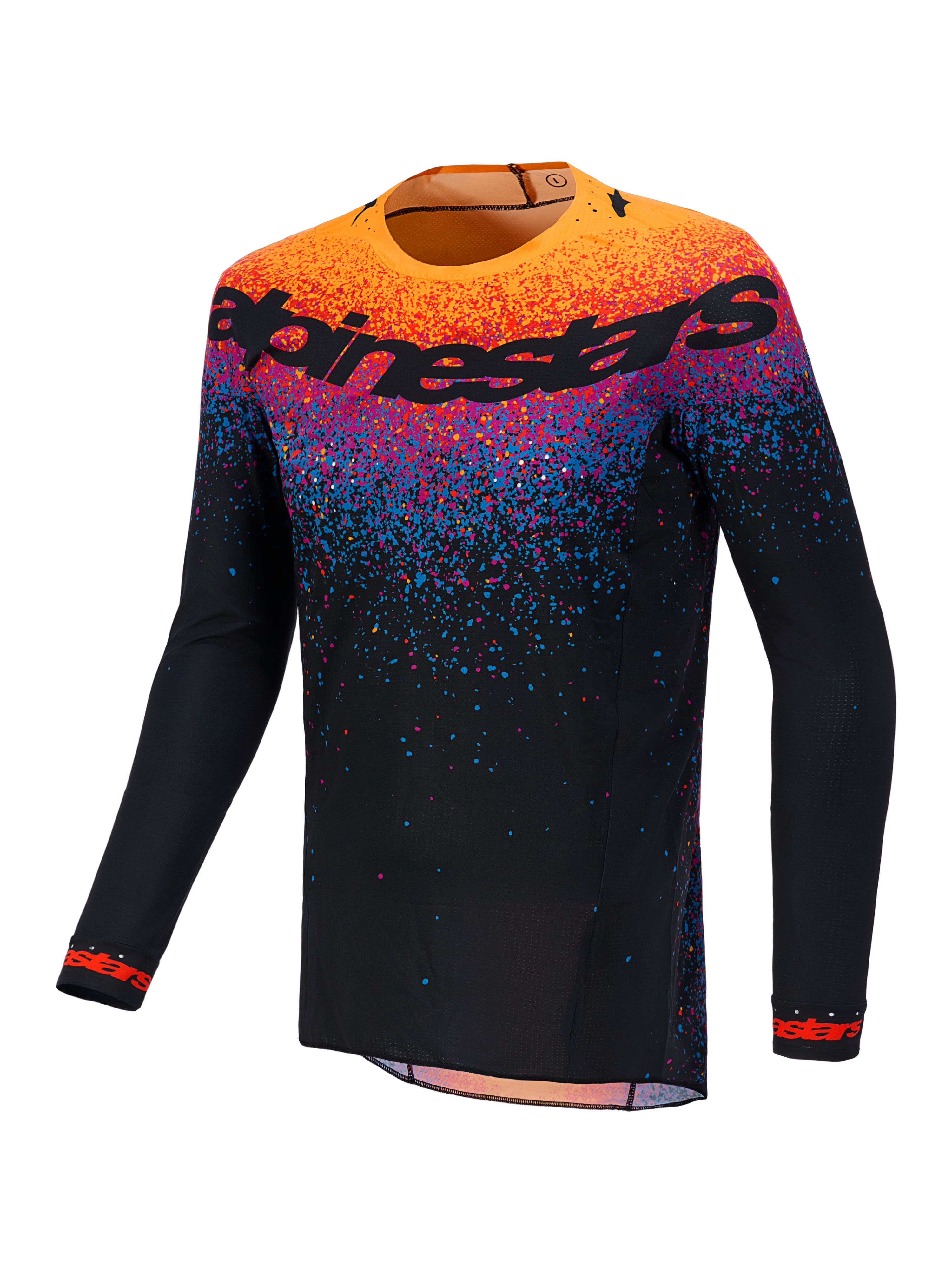 Alpinestars Limited Edition Supertech Black Hole Jersey, men's black motocross racing jersey with orange and blue graphics.