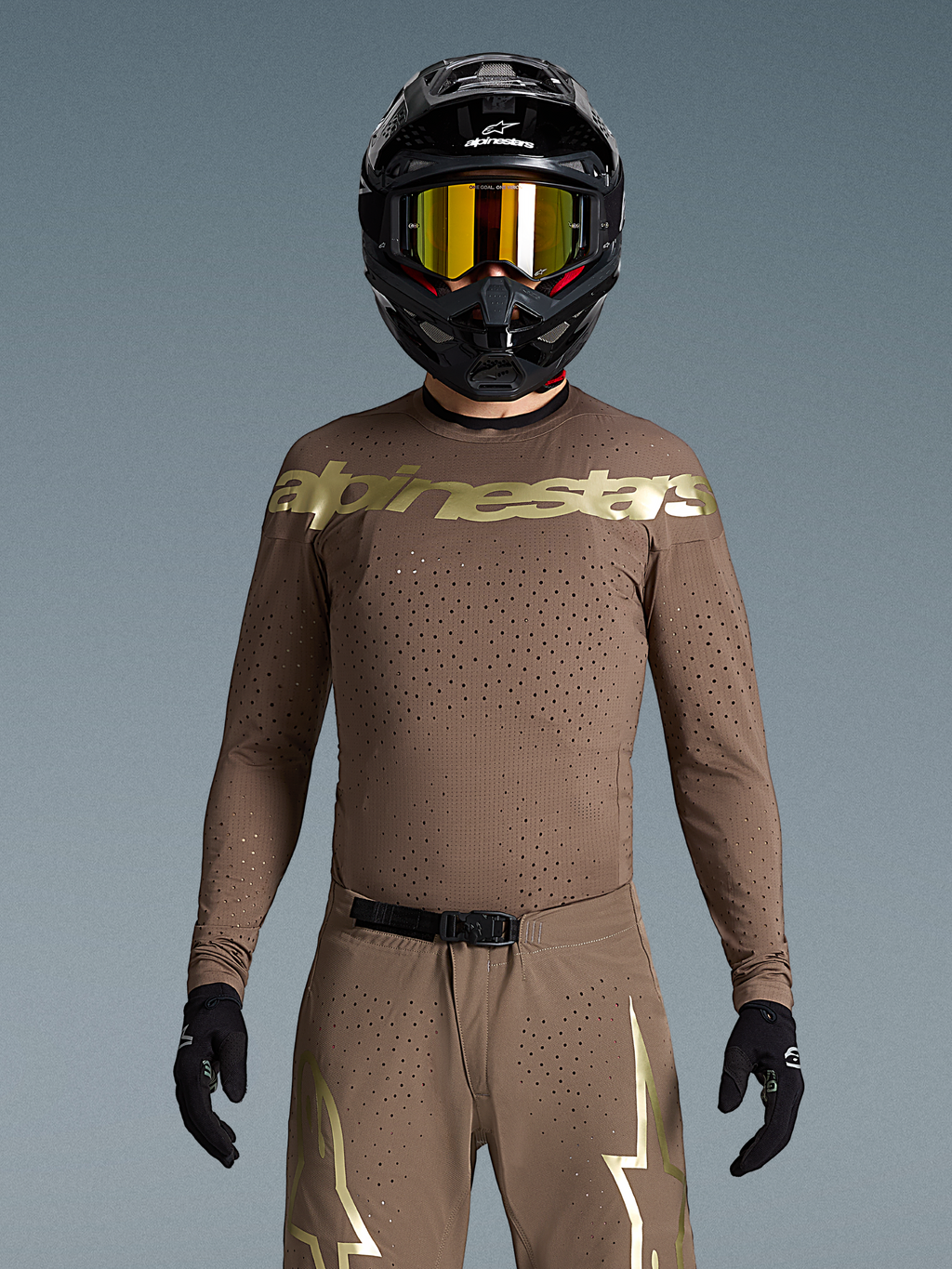 Alpinestars Limited Edition Supertech Air Gold Jersey, Men's Motocross Jersey, Brown and Gold, laser-cut ventilation.