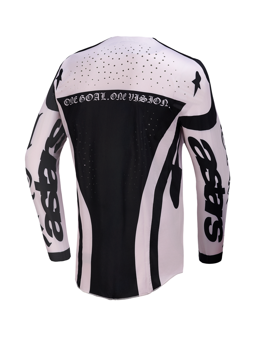 Alpinestars Techstar Wolf Dust Jersey, men's motocross top in black and white with laser-cut vents and back motto graphic.