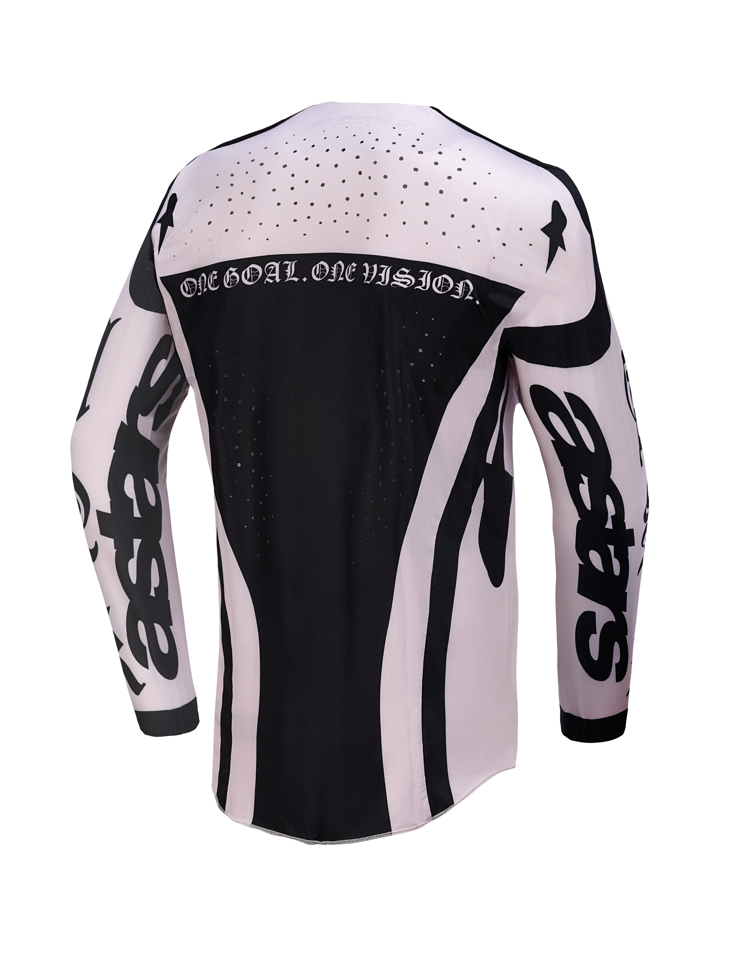 Alpinestars Techstar Wolf Dust Jersey, men's motocross top in black and white with laser-cut vents and back motto graphic.