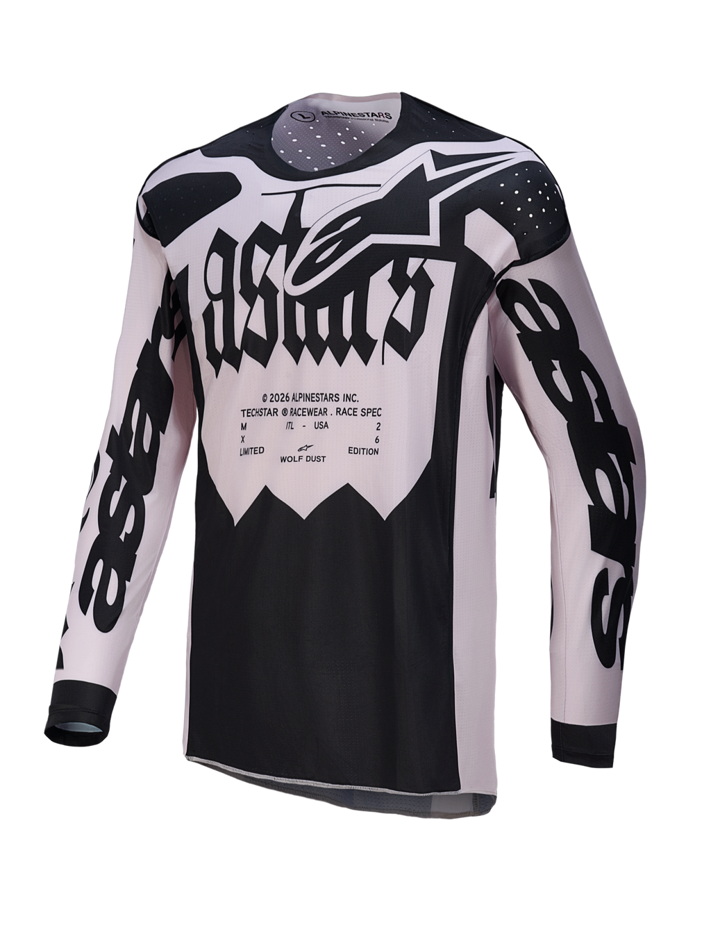 Alpinestars Limited Edition Techstar Wolf Dust Jersey, motocross racing top in black and dune with laser-cut ventilation.